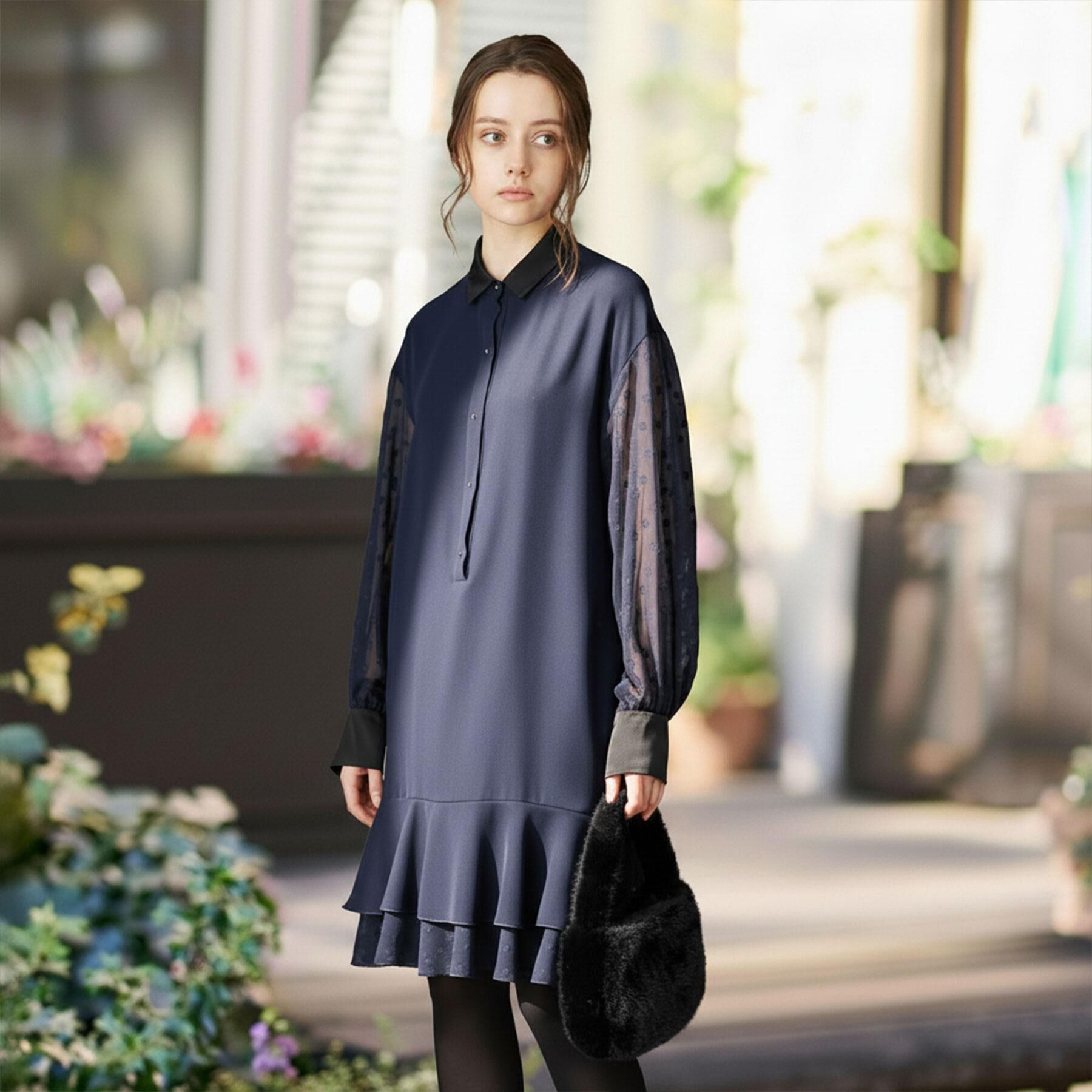 DRESSTERIOR「【ウォッシャブル】ダブルクロスボリュームスリーブミニワンピース」|ワンピース|ネイビー(094)