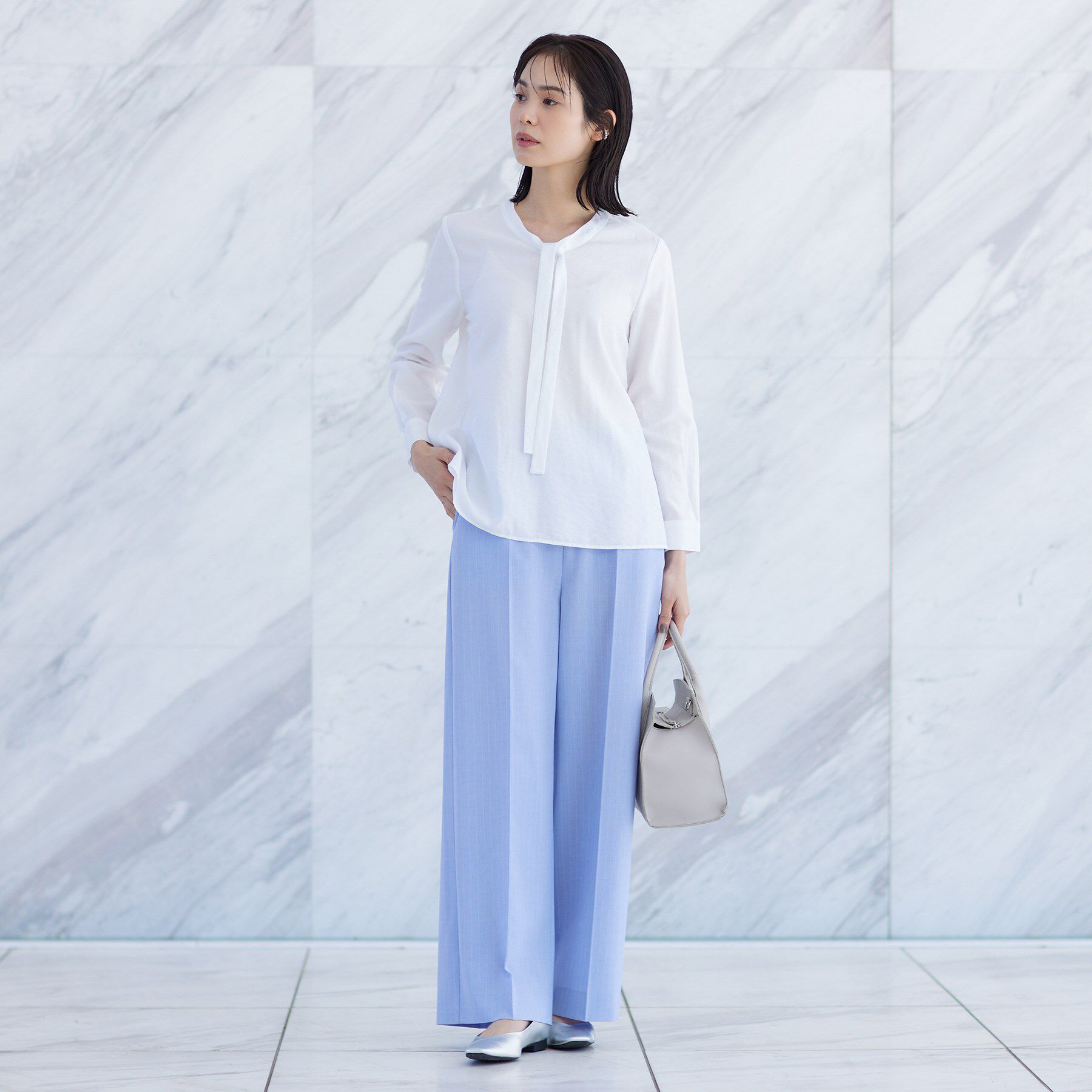 INDIVI「【洗える】ストライプドビー ボウタイブラウス」|シャツ・ブラウス|