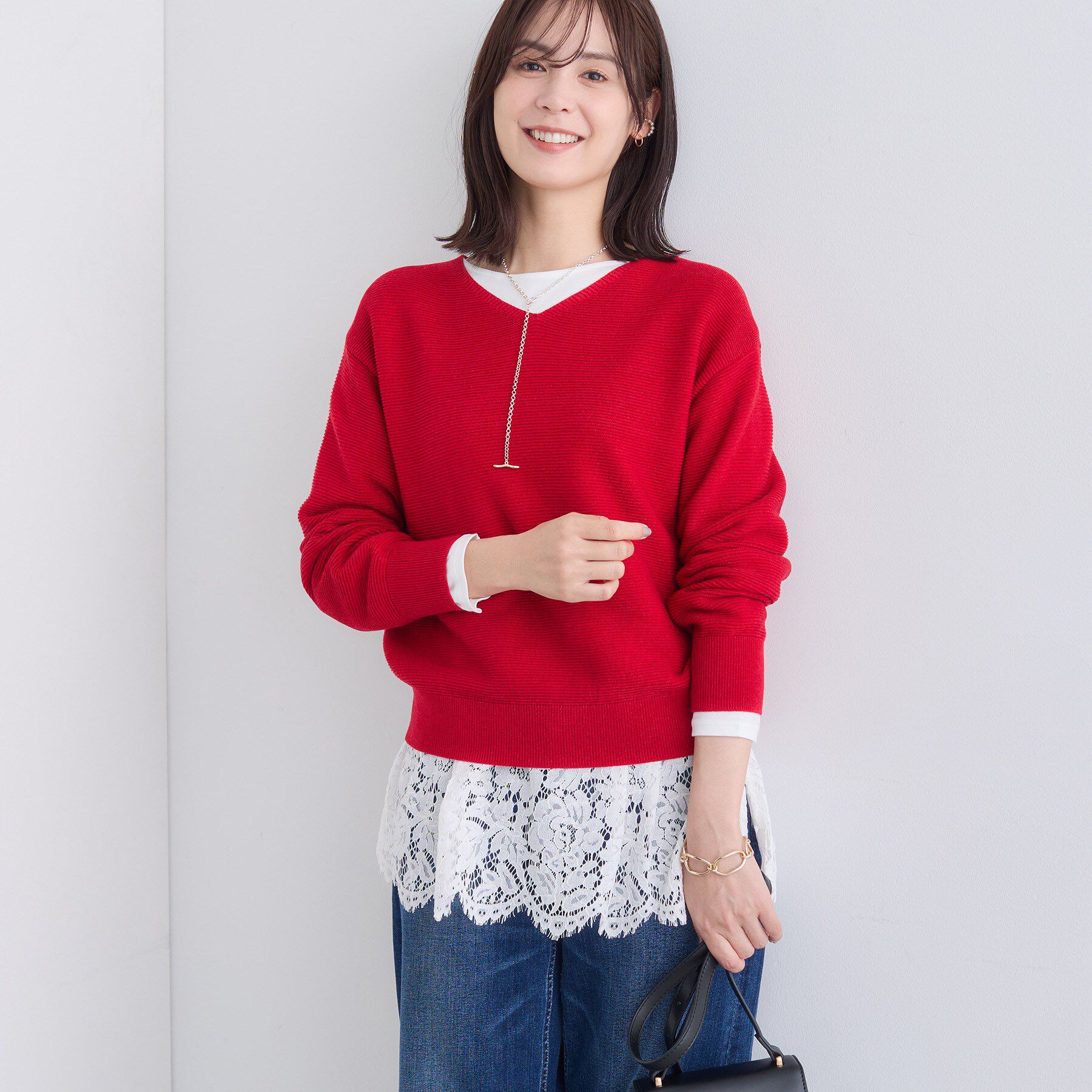 INDIVI「【ウール混ラメ素材】Vネック煌めきニット」|ニット・セーター|