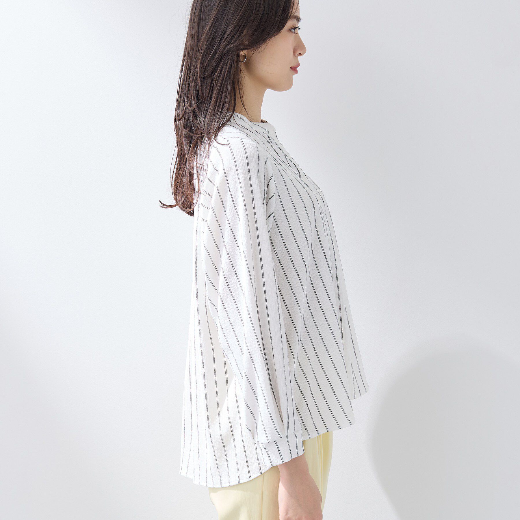 INDIVI「【洗える／着心地楽ちん】ブラウス風ストライプカットソートップス」|Tシャツ・カットソー|