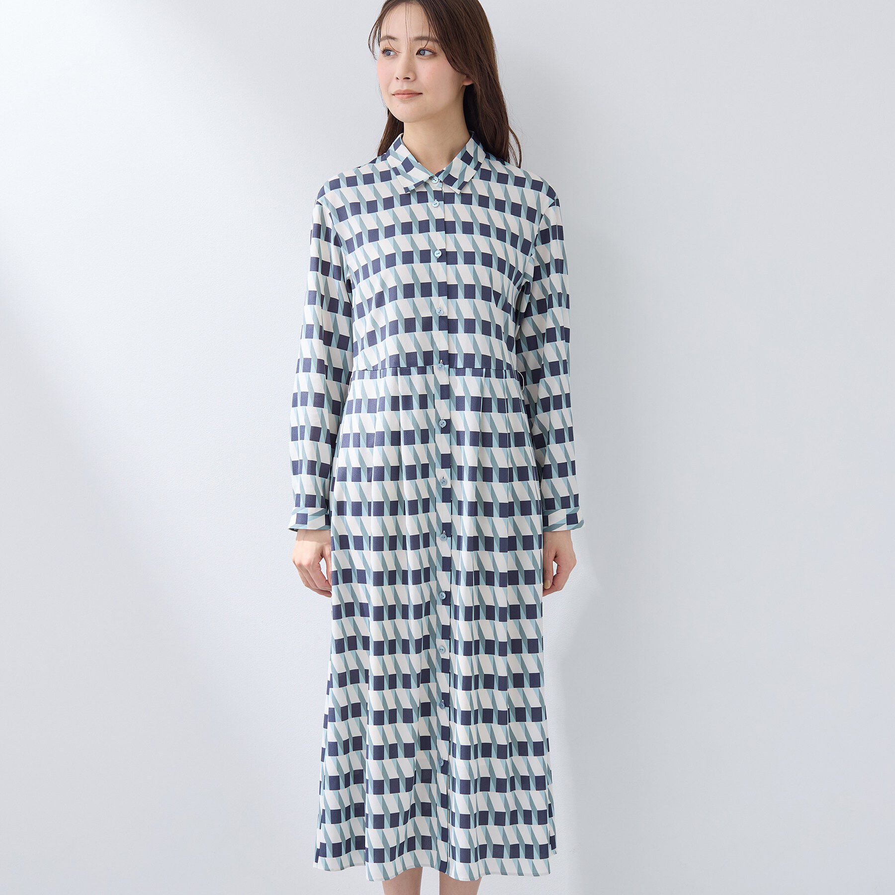 INDIVI「【洗える／2WAY】ベルト付き ジオメトリック柄 シャツワンピース」|ワンピース|