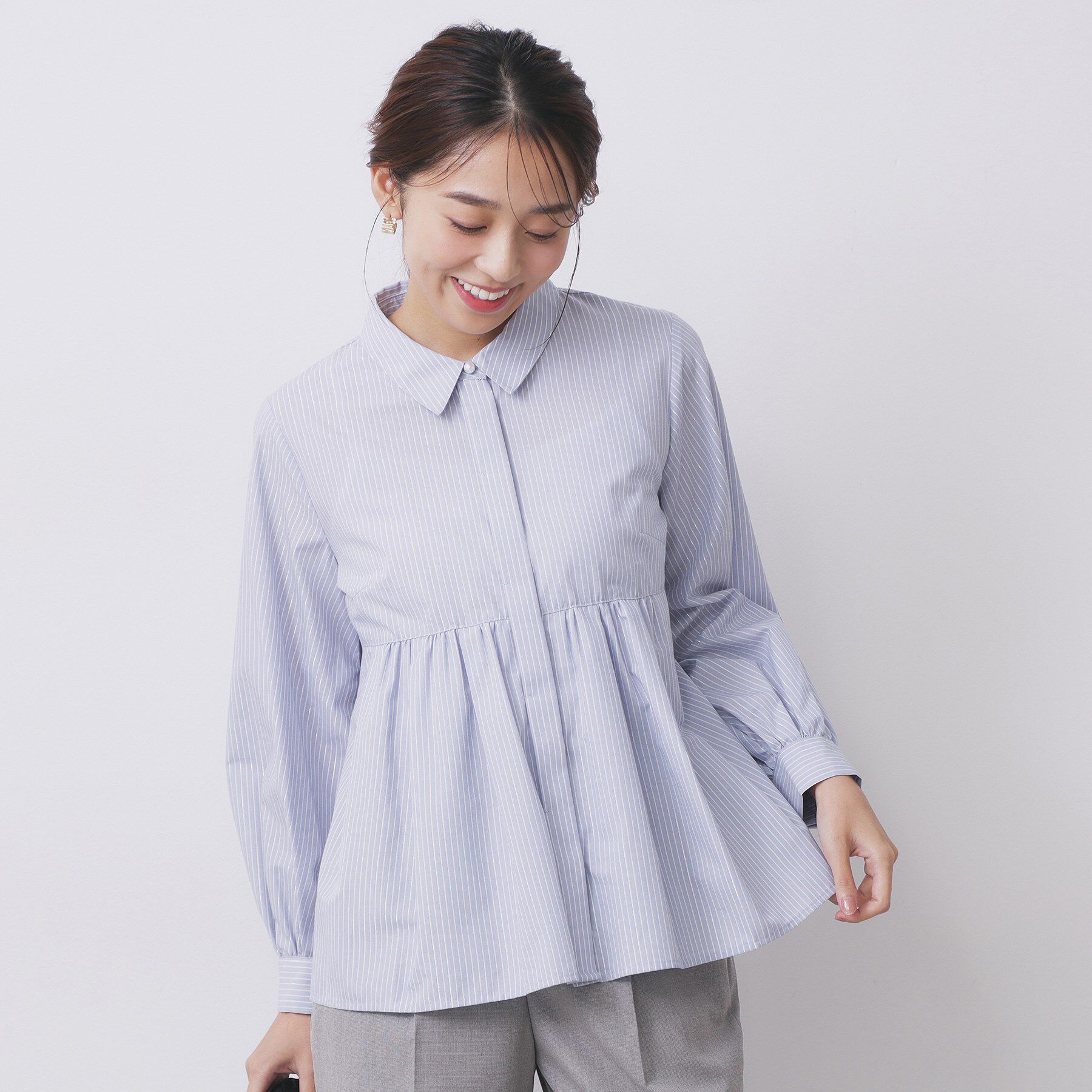 index「ラメストライプ衿付きペプラムブラウス【洗濯機OK/イージーアイロン/防シワ】《6col》」|シャツ・ブラウス|