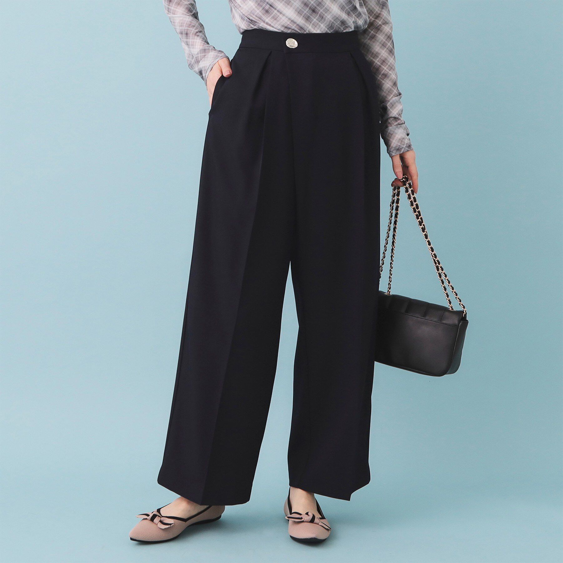 index「フロントラップ風ハイウエストワイドパンツ【洗濯機OK/ストレッチ/イージーアイロン】」|その他|ネイビー(094)