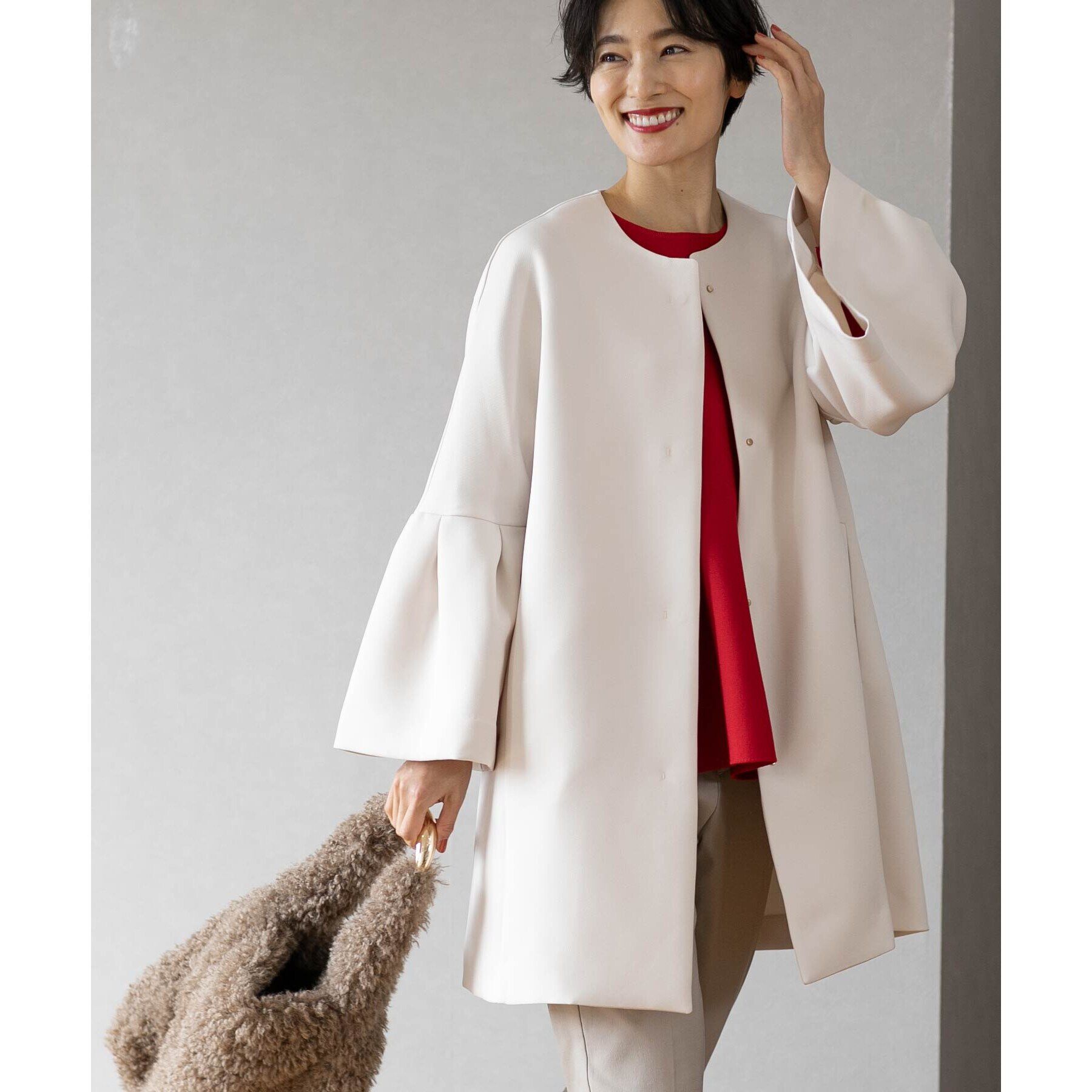 OPAQUE.CLIP「フレアスリーブミドルコート【洗える】」|ノーカラーコート|