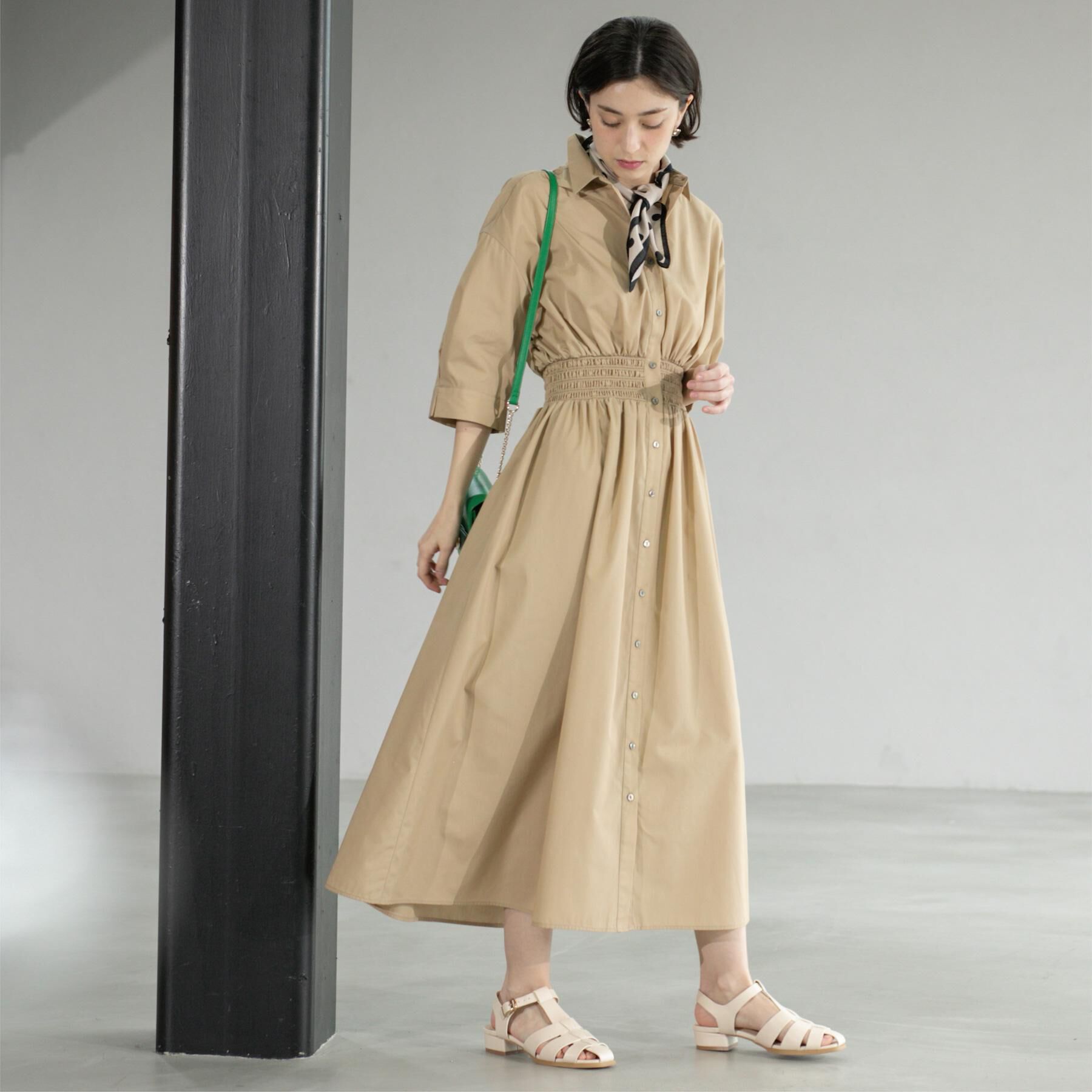 OPAQUE.CLIP「《5色展開》フィット＆フレアシャツワンピース【洗濯機洗い可】」|ワンピース|ベージュ(052)