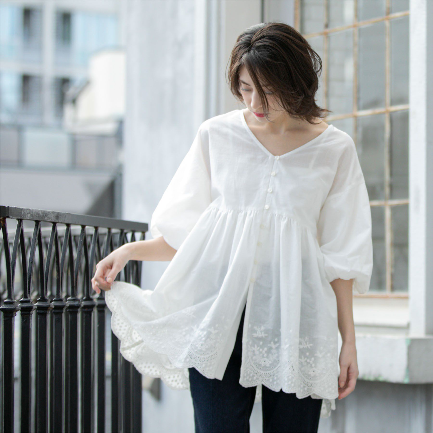 OPAQUE.CLIP「バルーン袖スカラップ刺繍レースチュニック」|シャツ・ブラウス|