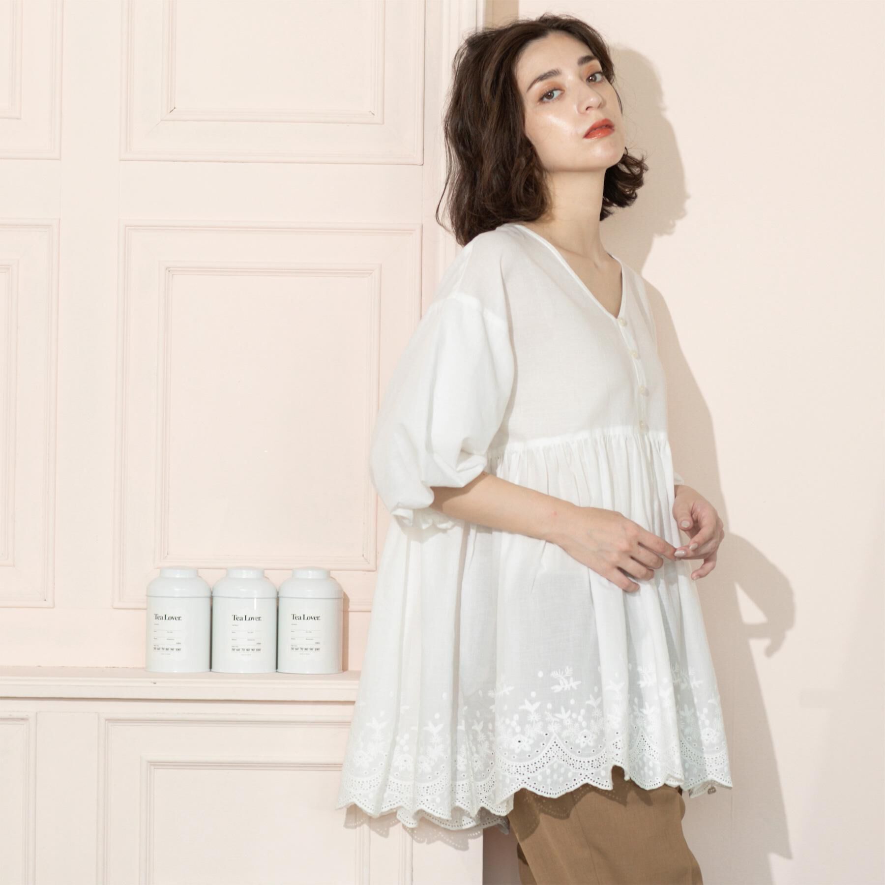 OPAQUE.CLIP「バルーン袖スカラップ刺繍レースチュニック」|シャツ・ブラウス|