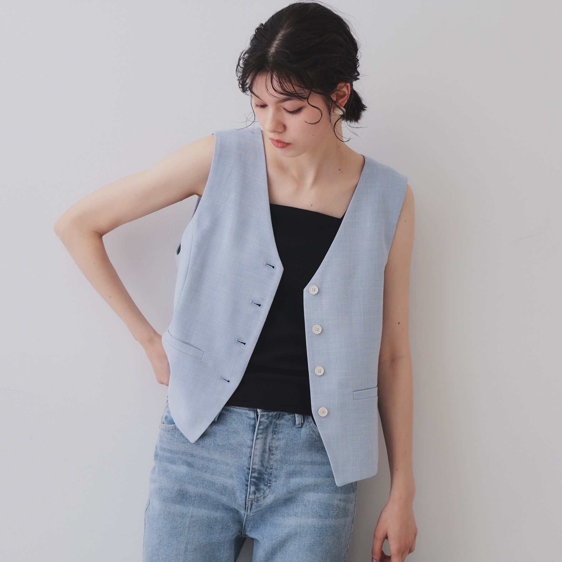 OPAQUE.CLIP「メランジコンパクトジレ/セットアップ対応可【洗濯機洗い可】」|ベスト・ジレ|ブルー(091)