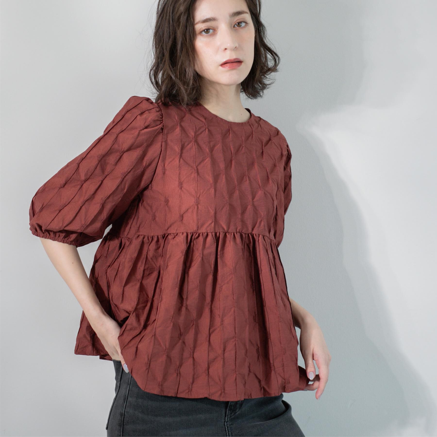 OPAQUE.CLIP「ふくれジャカードペプラムブラウス【洗濯機洗い可】」|シャツ・ブラウス|ブラウン(043)