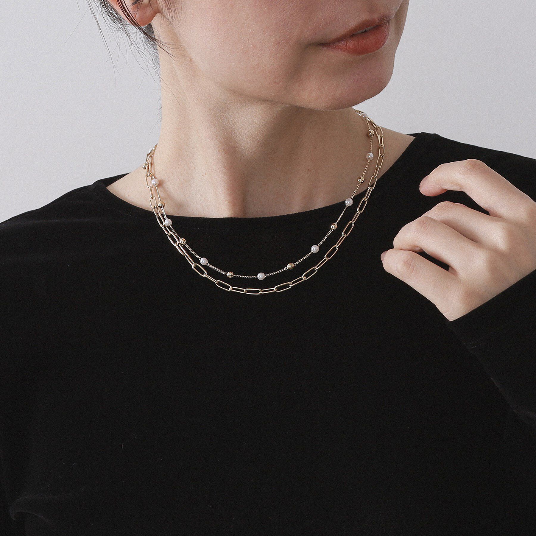 OPAQUE.CLIP「チェーン&times;フェイクパール2連ネックレス」|ネックレス|