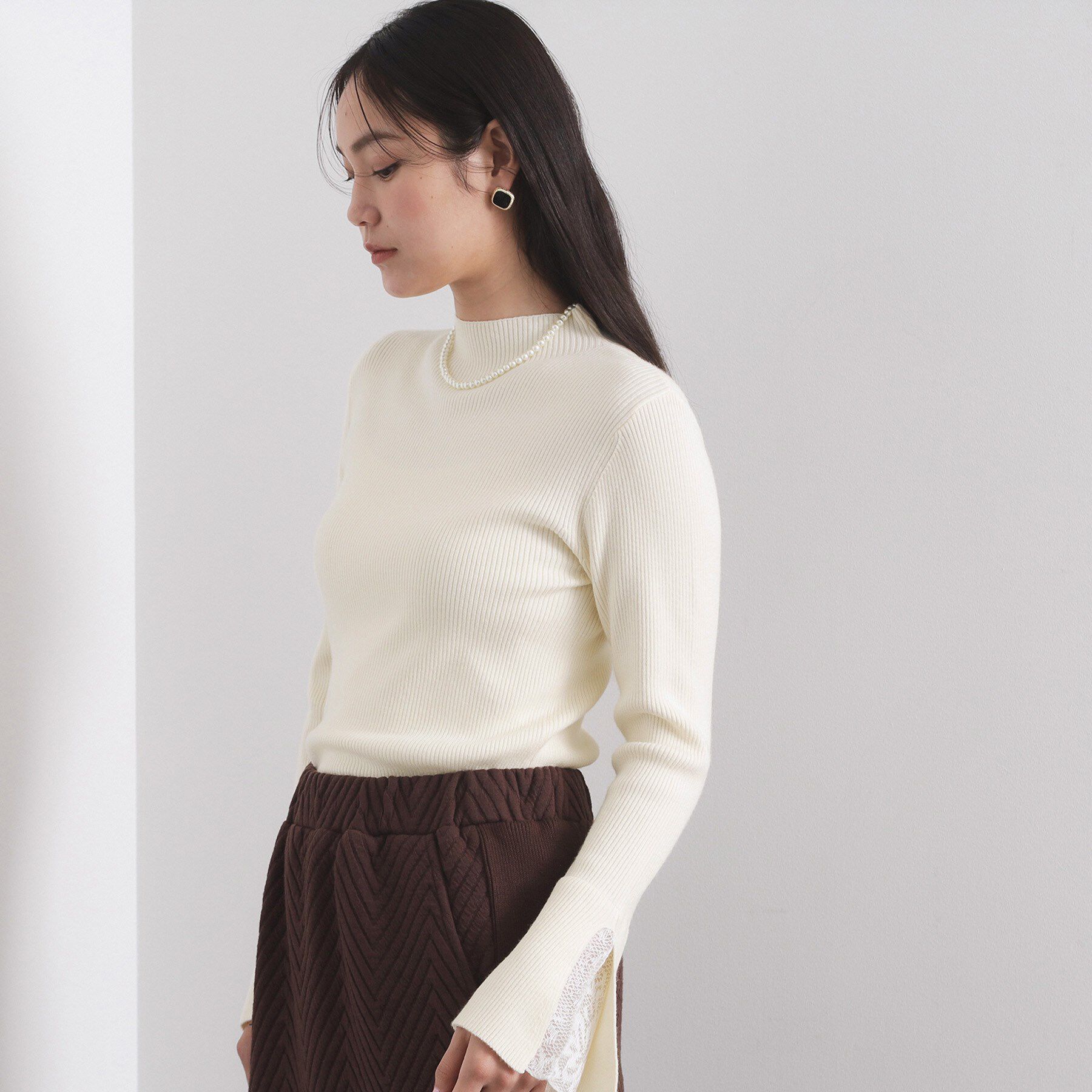 OPAQUE.CLIP「レースフレアハイネックリブニット【洗濯機OK】」|ニット・セーター|