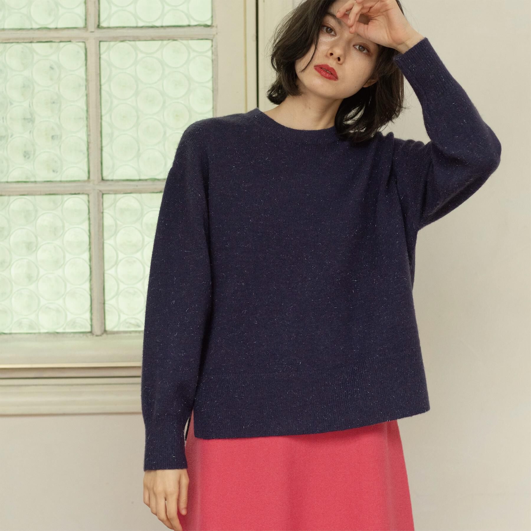 OPAQUE.CLIP「きらきらクルーミドルゲージニット【洗濯機OK】」|ニット・セーター|ネイビー(094)