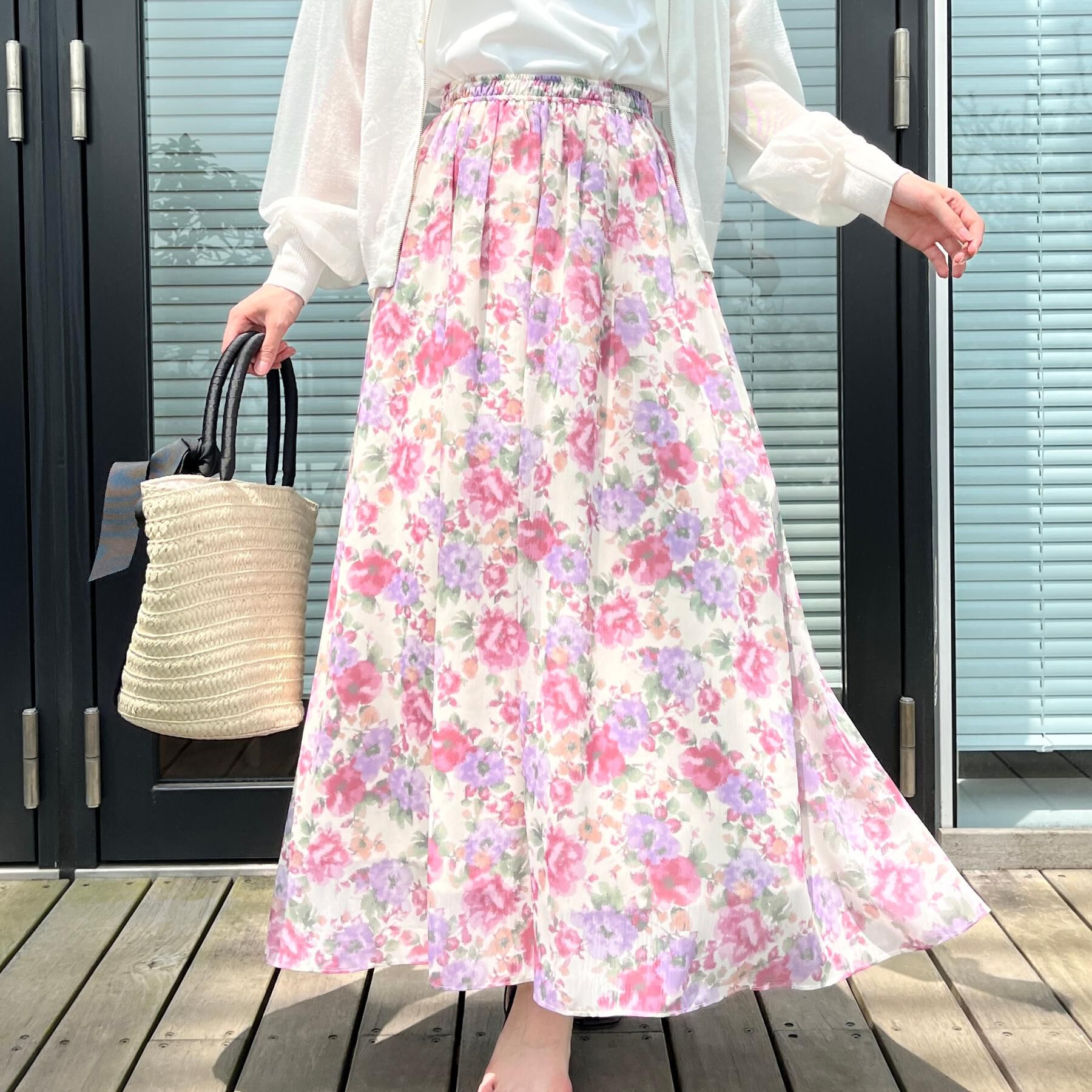 Couture broach「【華やか・ウエストゴム】かすれプリント楊柳スカート」|スカート|