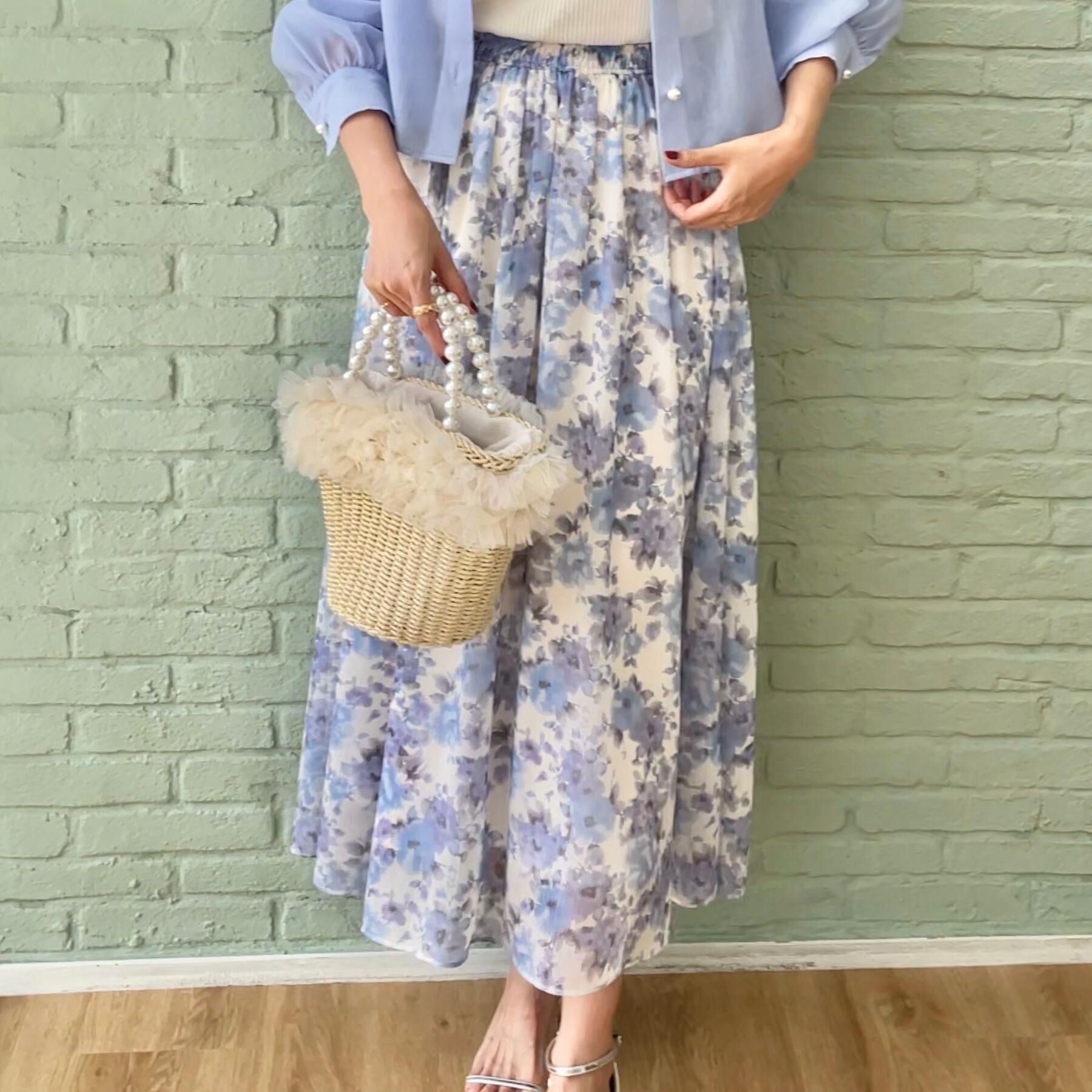 Couture broach「【華やか・ウエストゴム】かすれプリント楊柳スカート」|スカート|