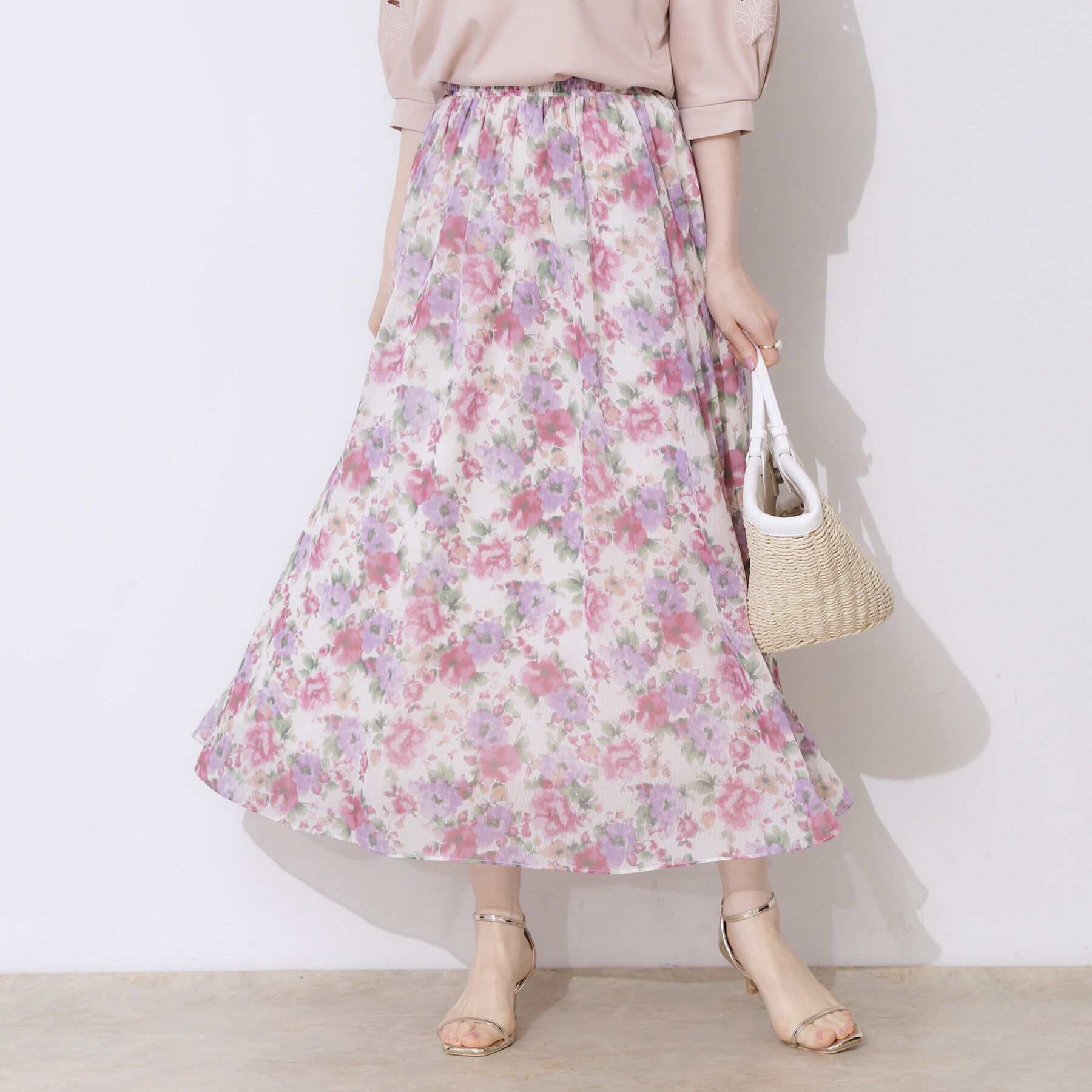 Couture broach「【華やか・ウエストゴム】かすれプリント楊柳スカート」|スカート|