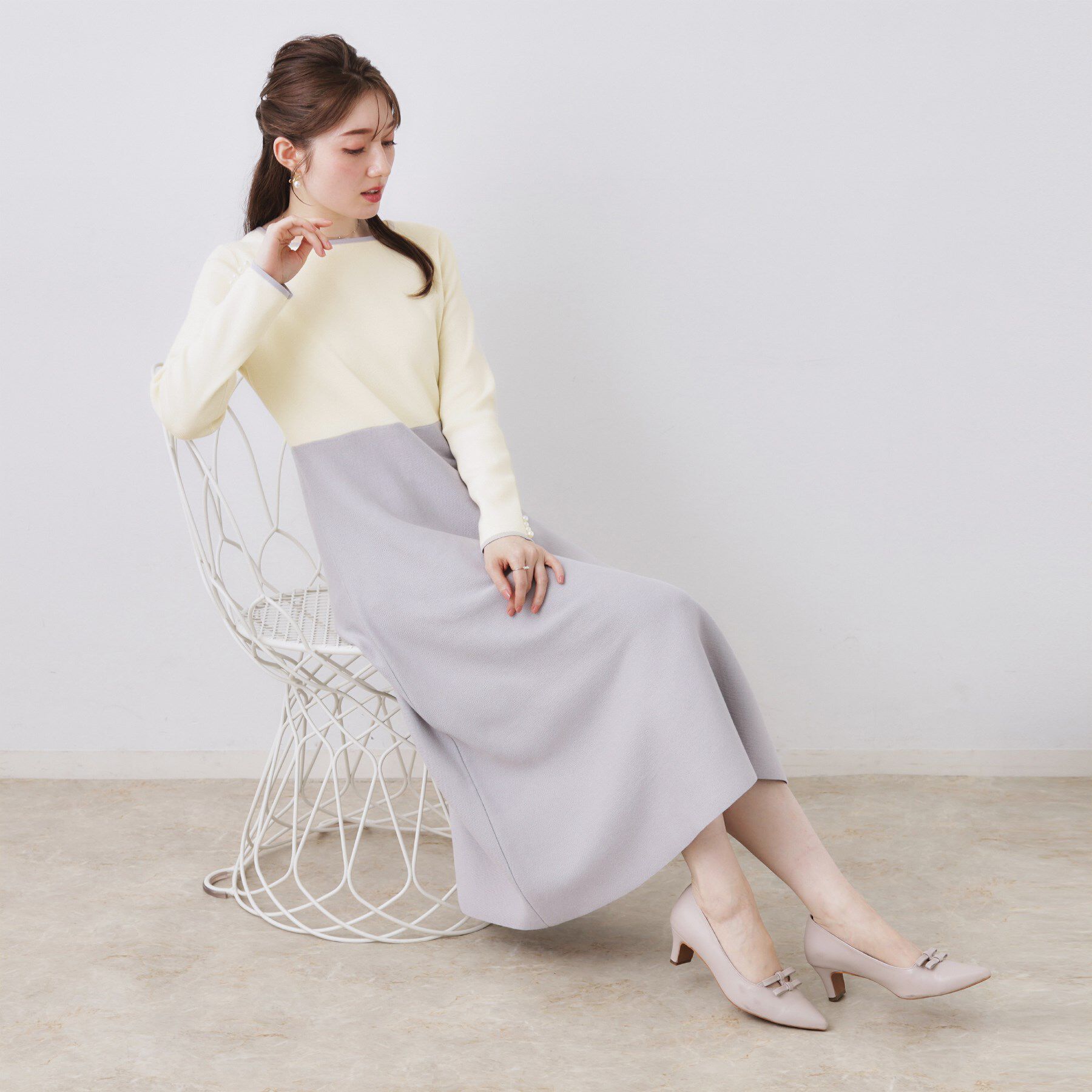 Couture broach「【ハレの日・通勤】スクエアネック バイカラー ニットワンピース」|ワンピース|