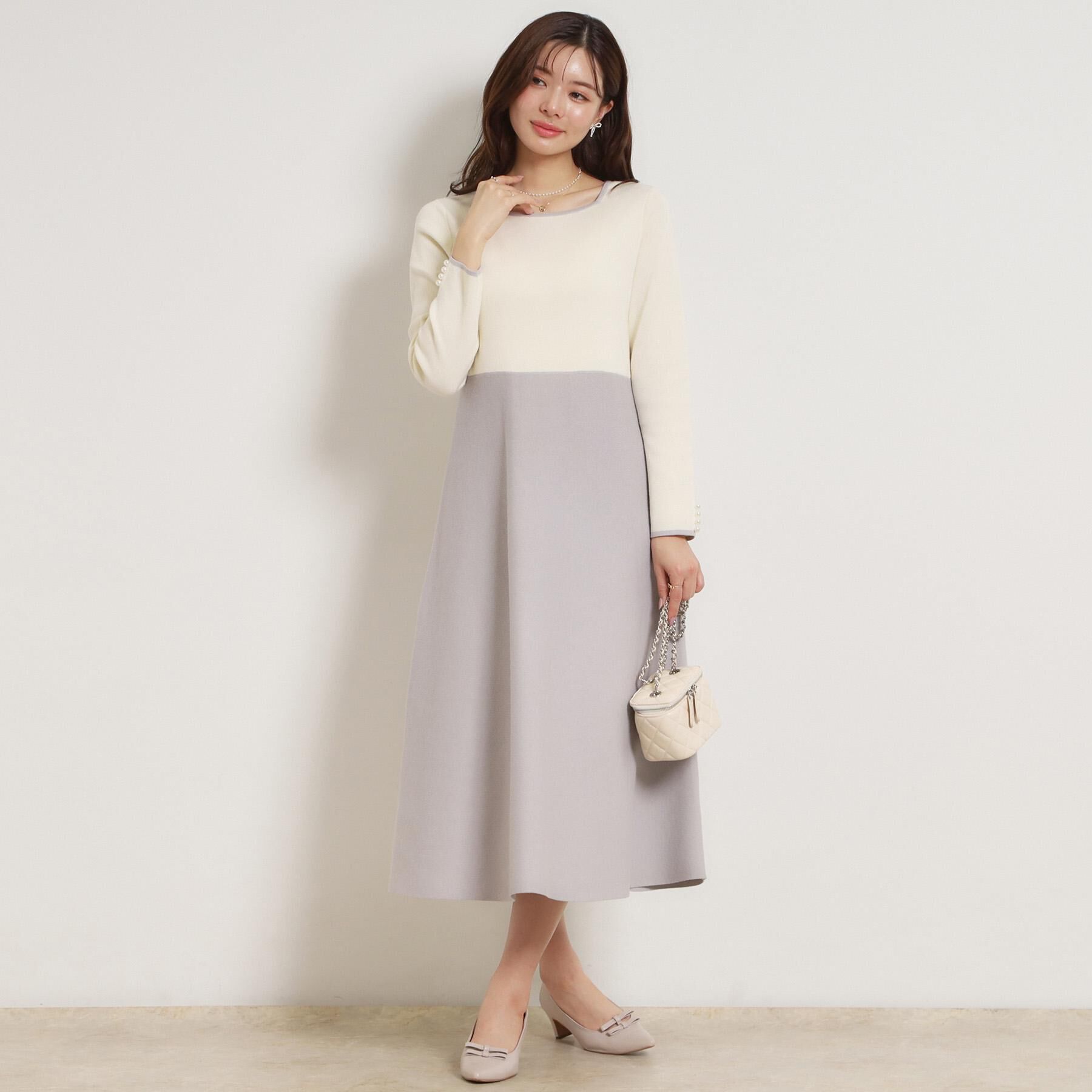 Couture broach「【ハレの日・通勤】スクエアネック バイカラー ニットワンピース」|ワンピース|