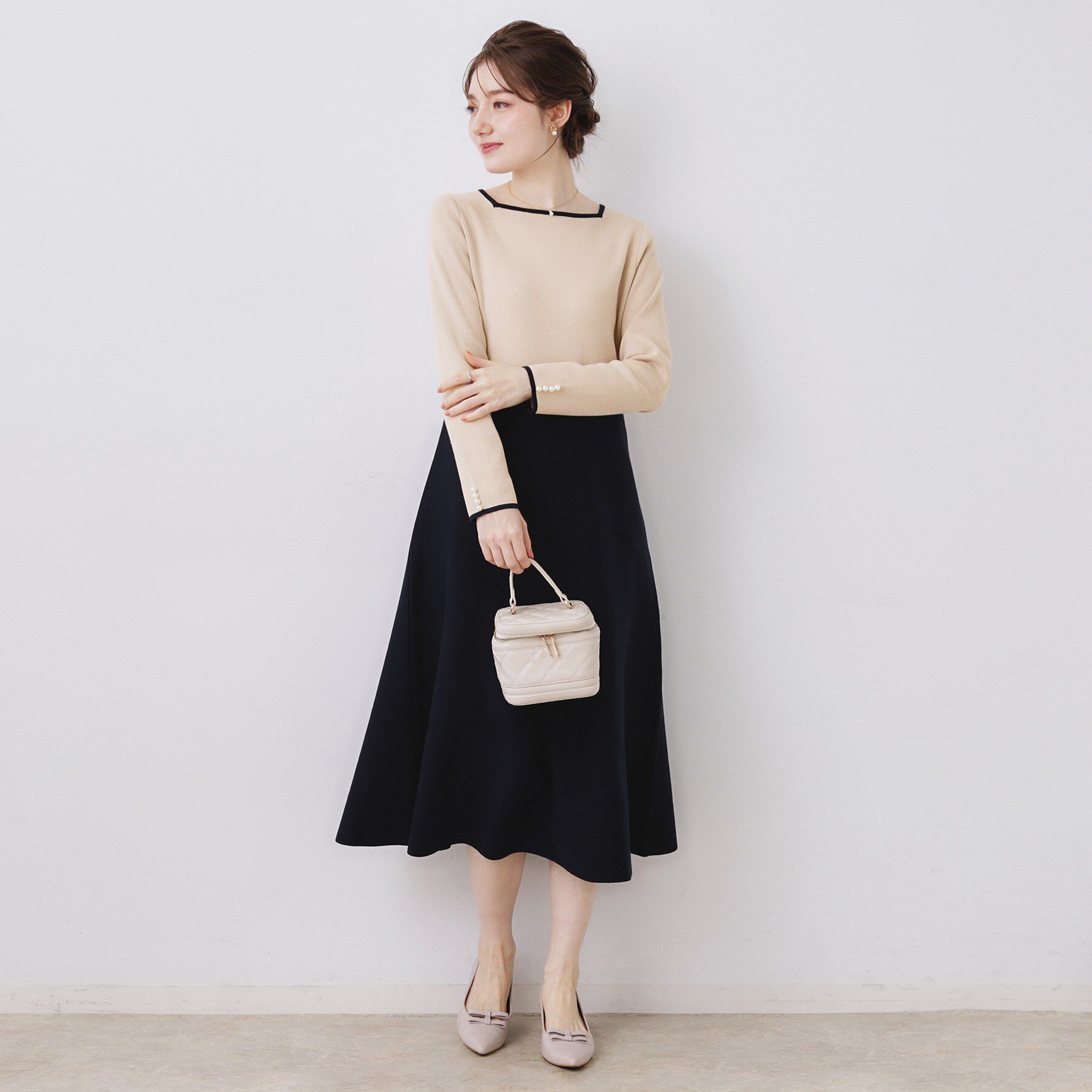 Couture broach「【ハレの日・通勤】スクエアネック バイカラー ニットワンピース」|ワンピース|