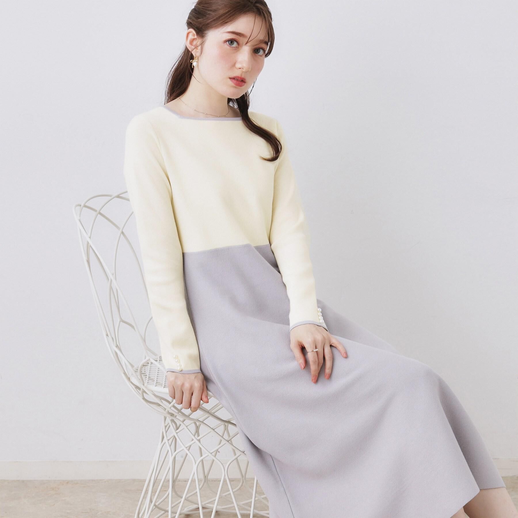 Couture broach「【ハレの日・通勤】スクエアネック バイカラー ニットワンピース」|ワンピース|