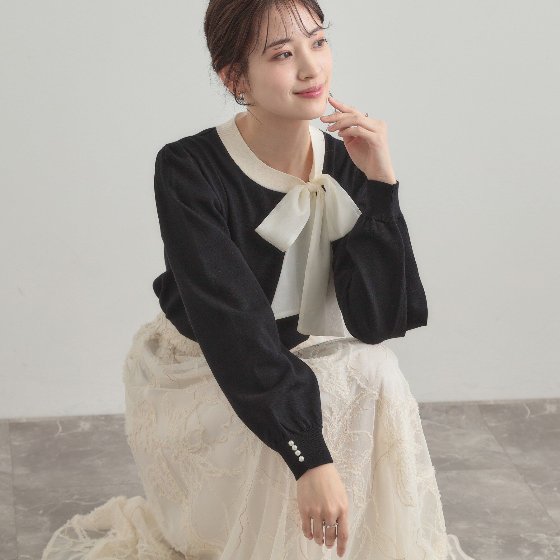 Couture broach「【洗える・着映え】オーガンジーリボンタイ ニット」|ニット・セーター|