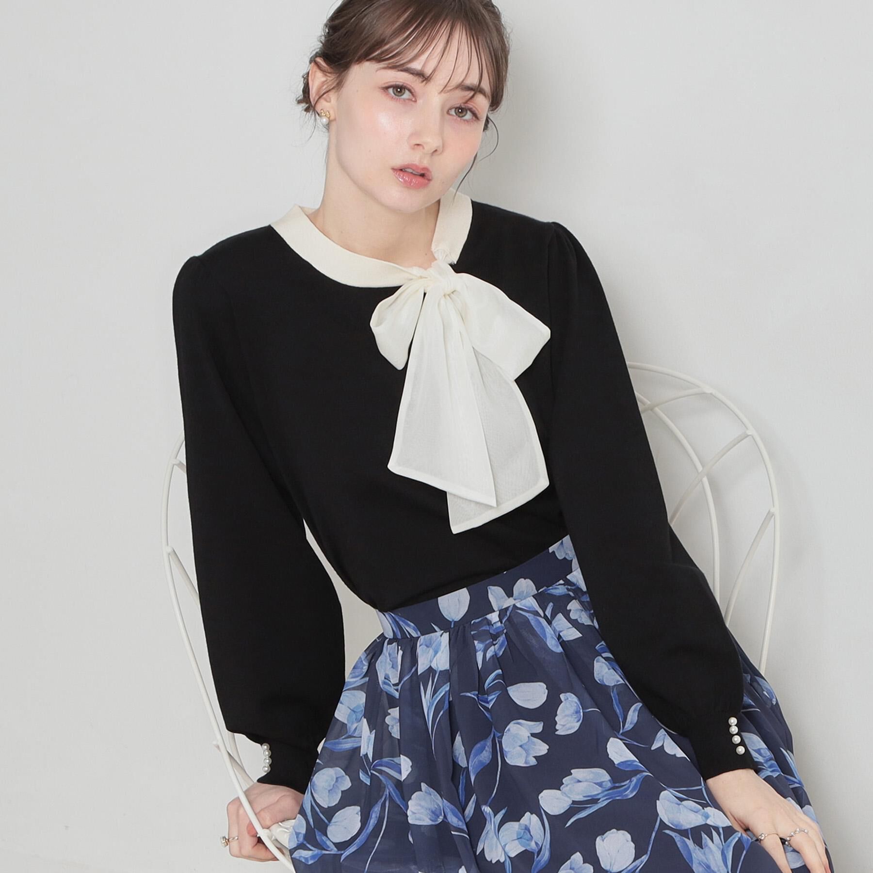 Couture broach「【洗える・着映え】オーガンジーリボンタイ ニット」|ニット・セーター|ブラック(019)