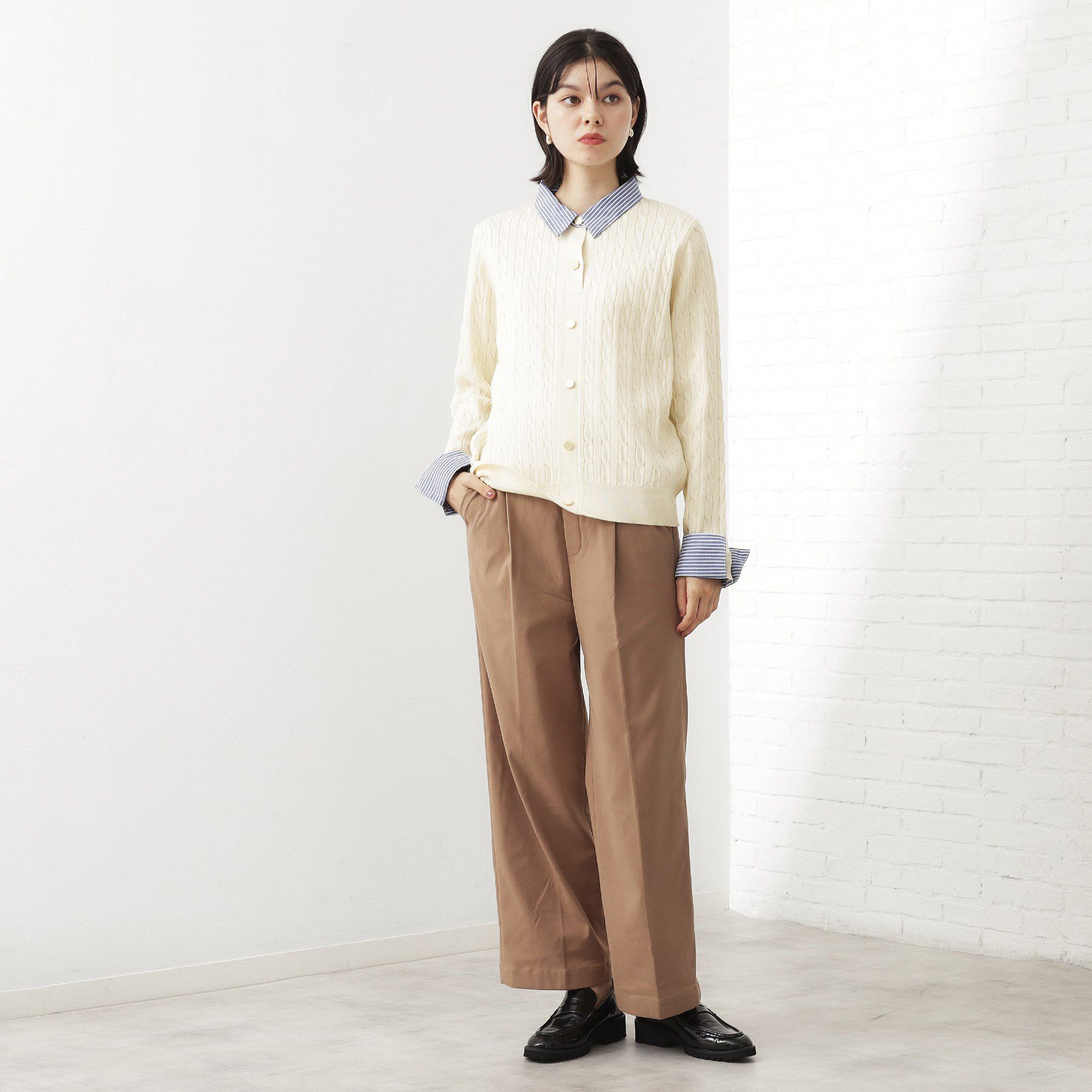 THE SHOP TK「【着るだけでコーデ完成】シャツレイヤード風 ケーブルニット」|ニット・セーター|