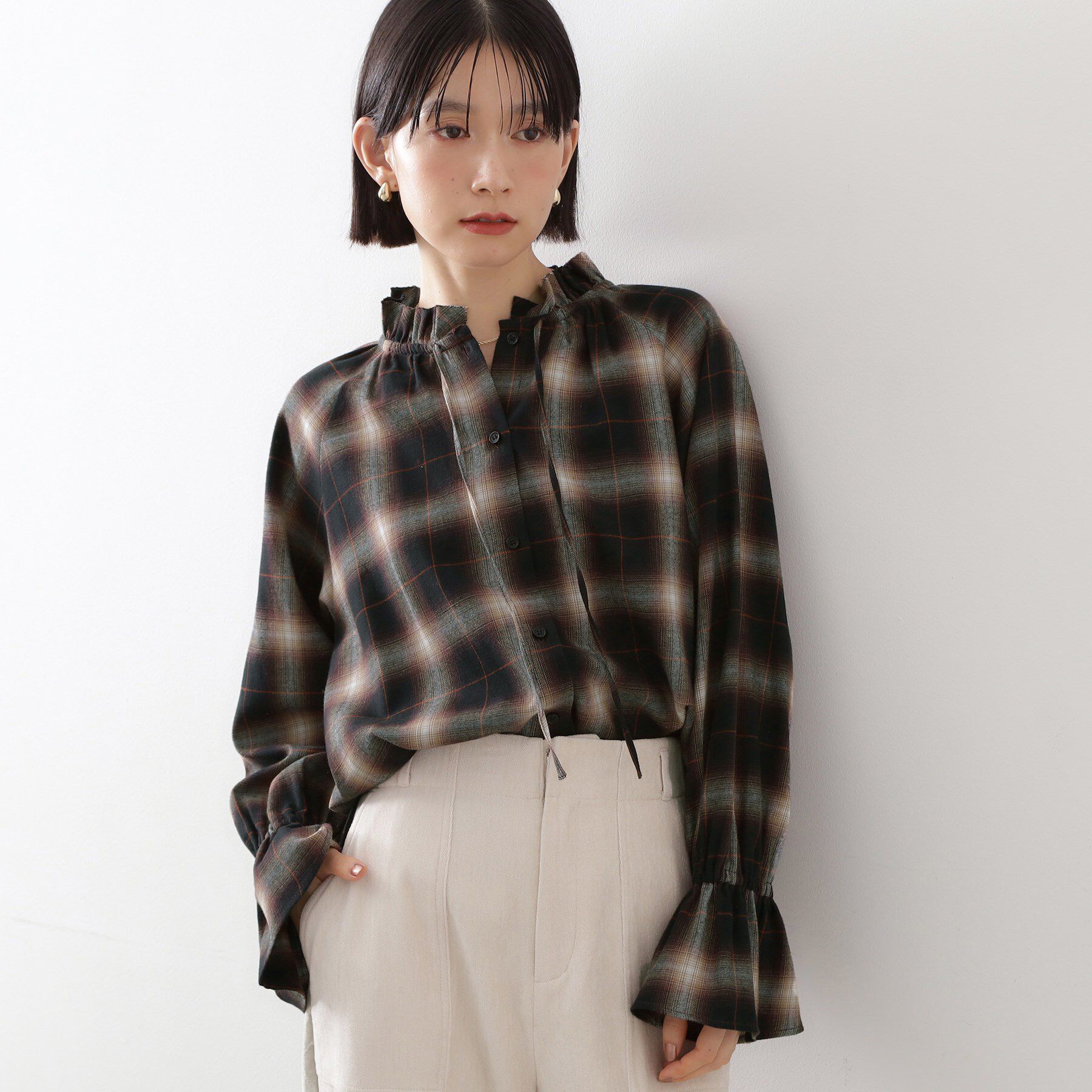 THE SHOP TK「起毛オンブレフリルブラウス」|シャツ・ブラウス|モカブラウン(242
