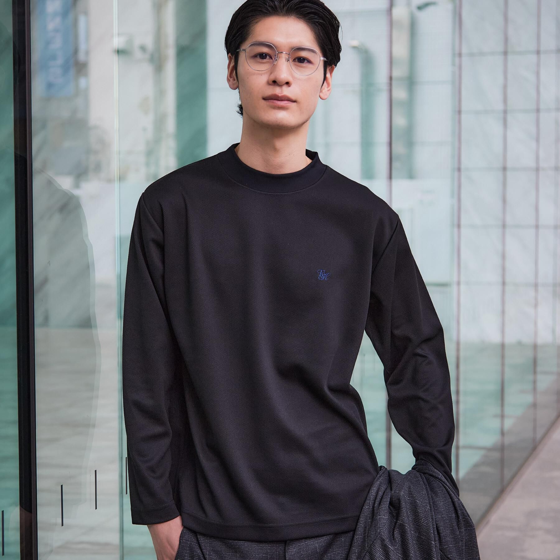 THE SHOP TK「ビジネス兼用 カルゼモックネック長袖Tシャツ 洗濯機OK/毛玉になりにくい」|Tシャツ・カットソー|ブラック(019)