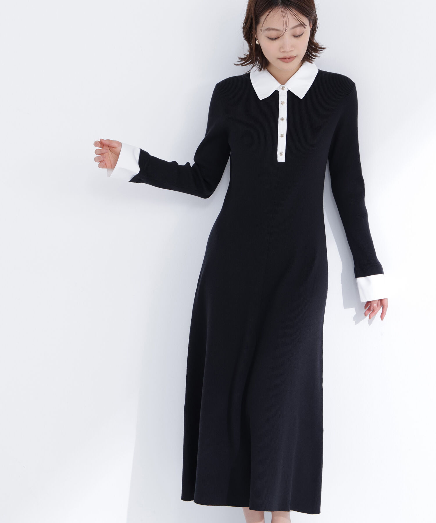  「襟付リブニットワンピース」|ワンピース|