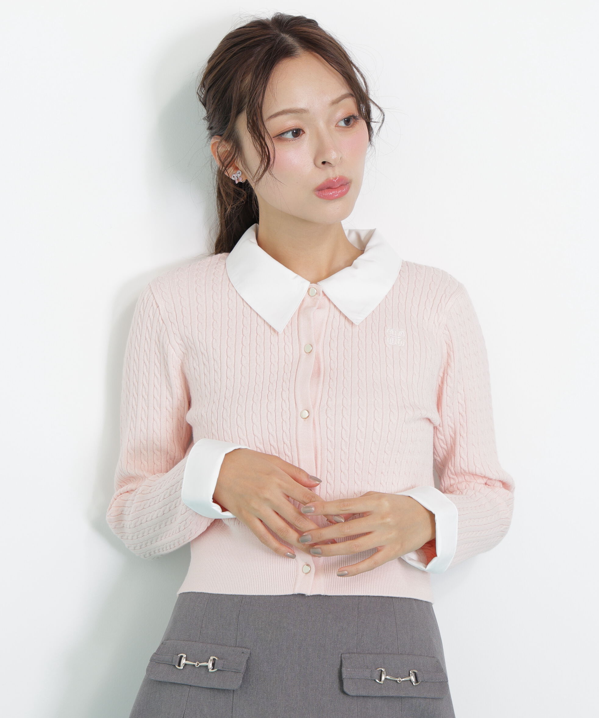  「衿付きミニケーブルカーディガン」|ニット・セーター|ピンク