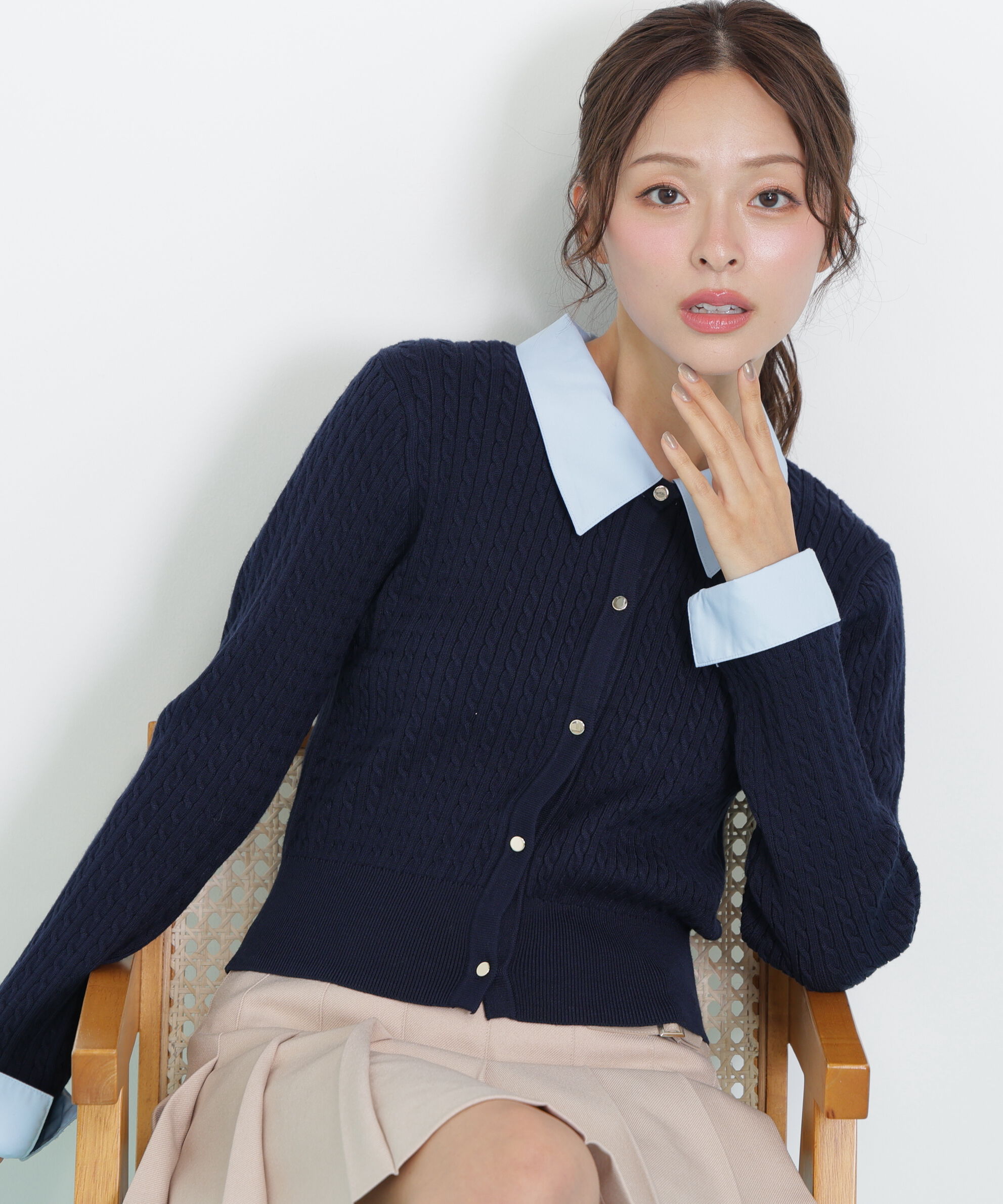  「衿付きミニケーブルカーディガン」|ニット・セーター|ネイビー