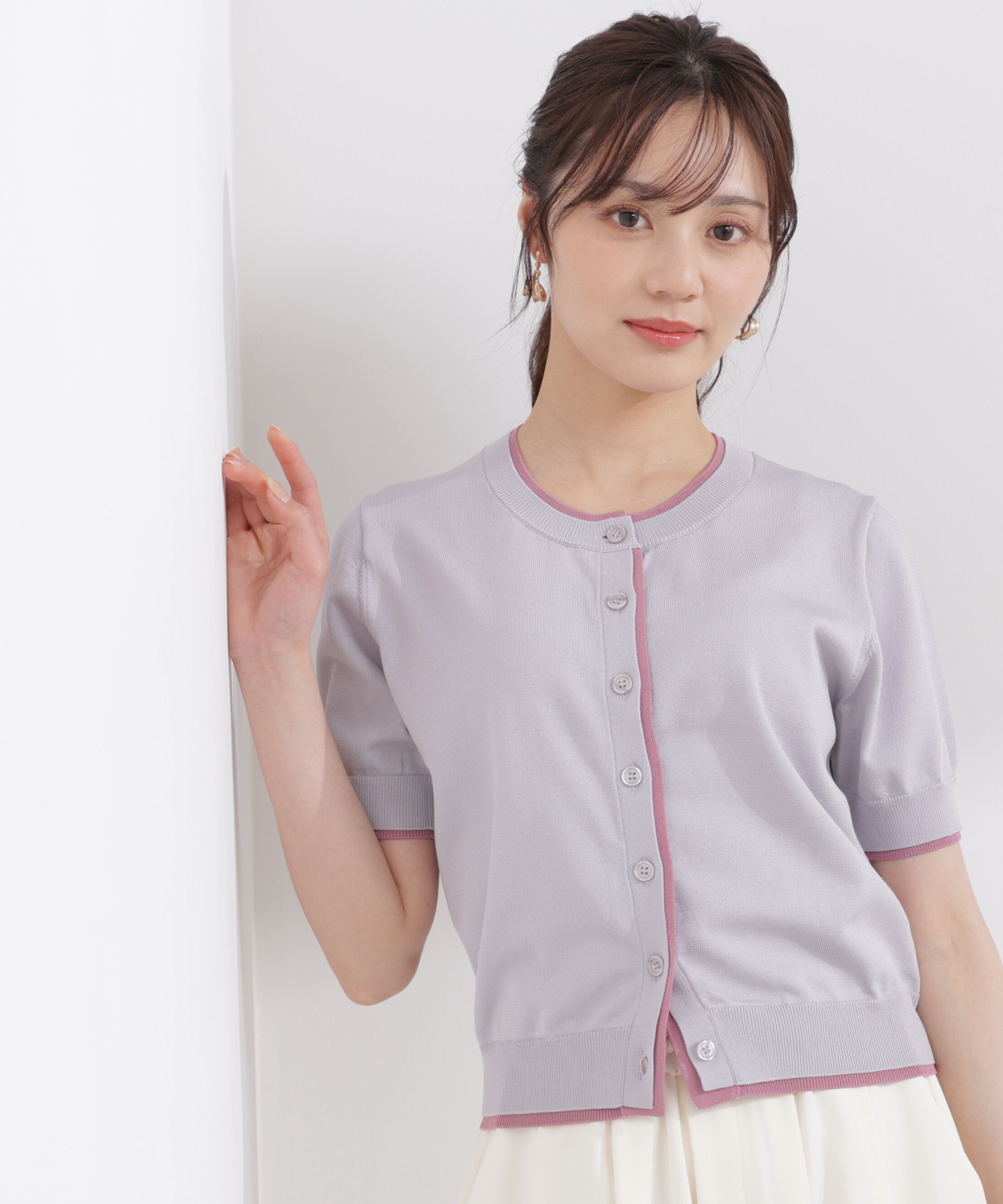 PROPORTION BODY DRESSING「〈a/mie〉配色カーディガン 26SS」|ニット・セーター|グレー&times;ピンク