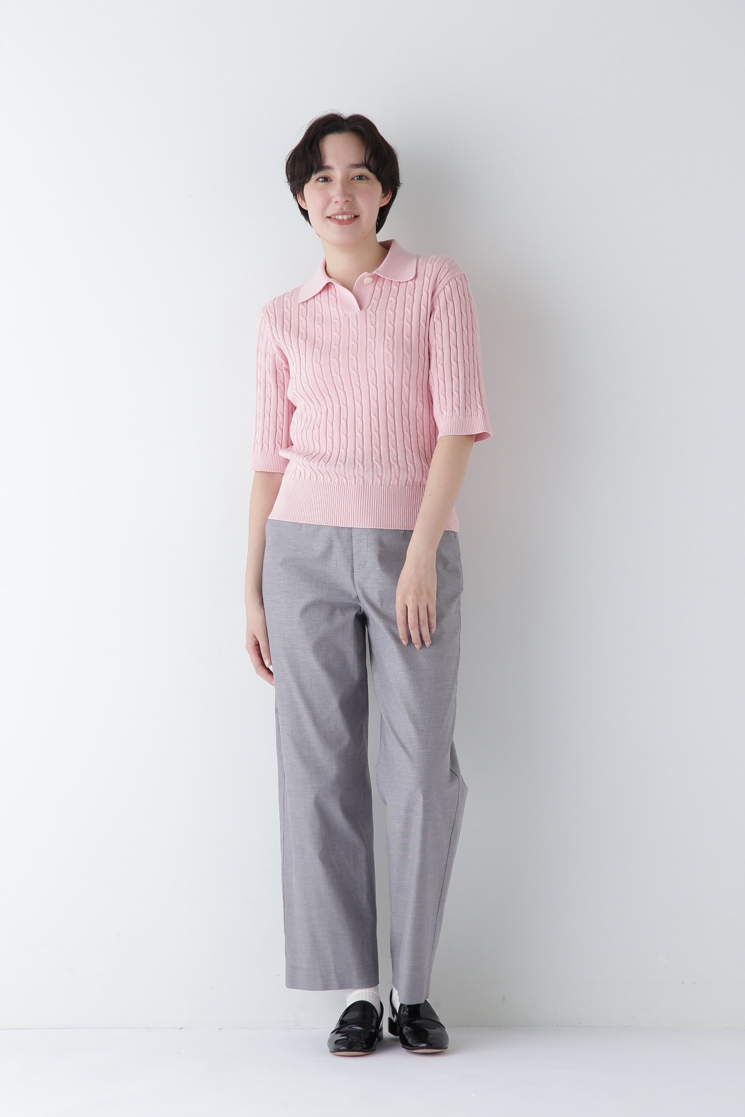  「◆【ウォッシャブル】コットンケーブル柄ポロニットプルオーバー」|ニット・セーター|