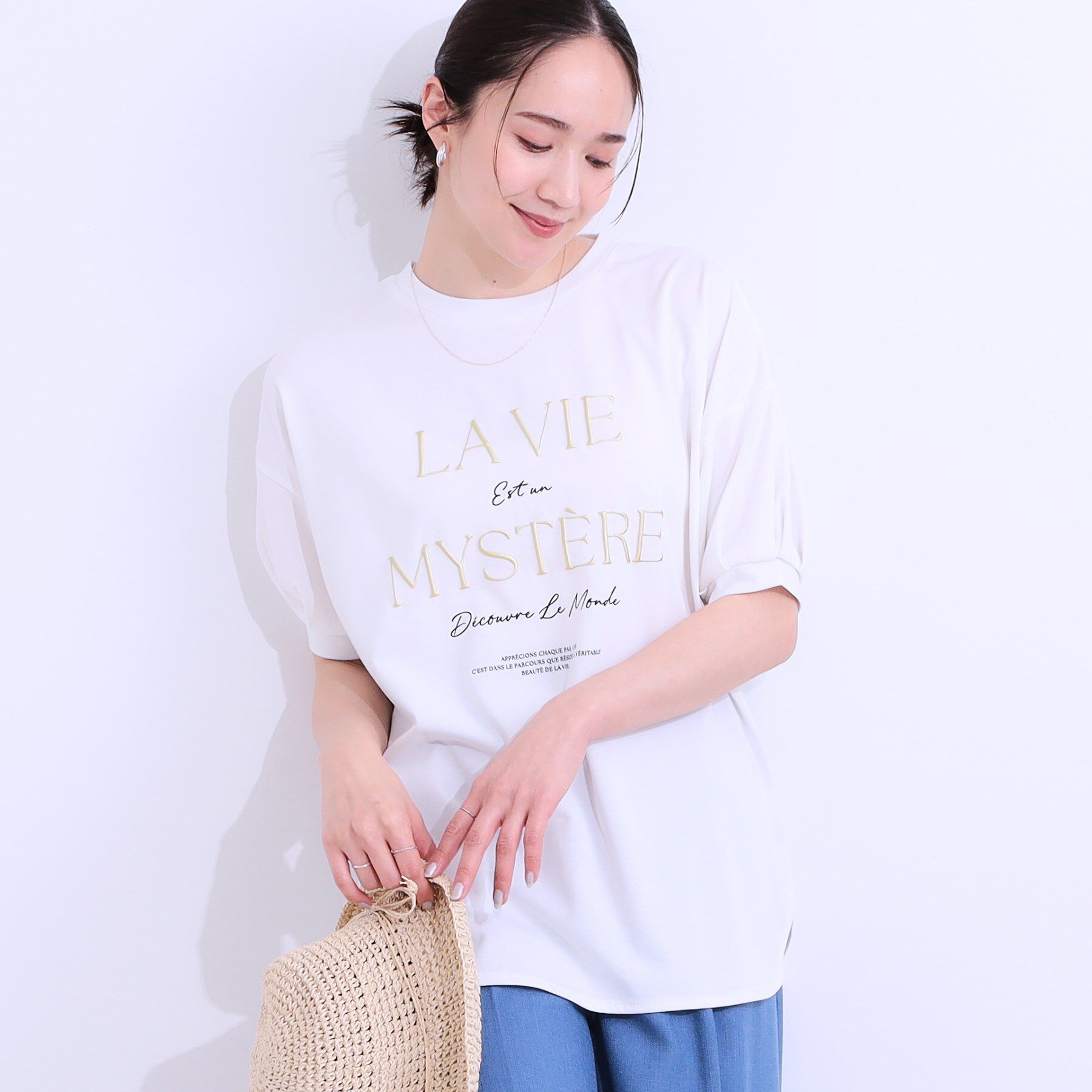 SHOO･LA･RUE「【S-LL/ひんやり/UV】ぷっくりラメプリントロゴTシャツ」|Tシャツ・カットソー|オフホワイト(003