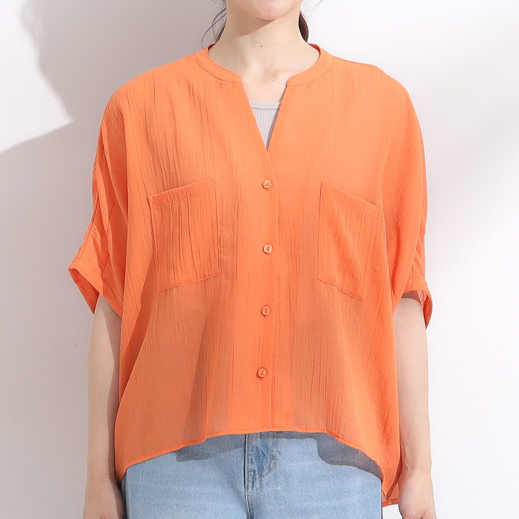 SHOO･LA･RUE「程よいシアー感 ポケットドルマン5分袖シャツ」|シャツ・ブラウス|