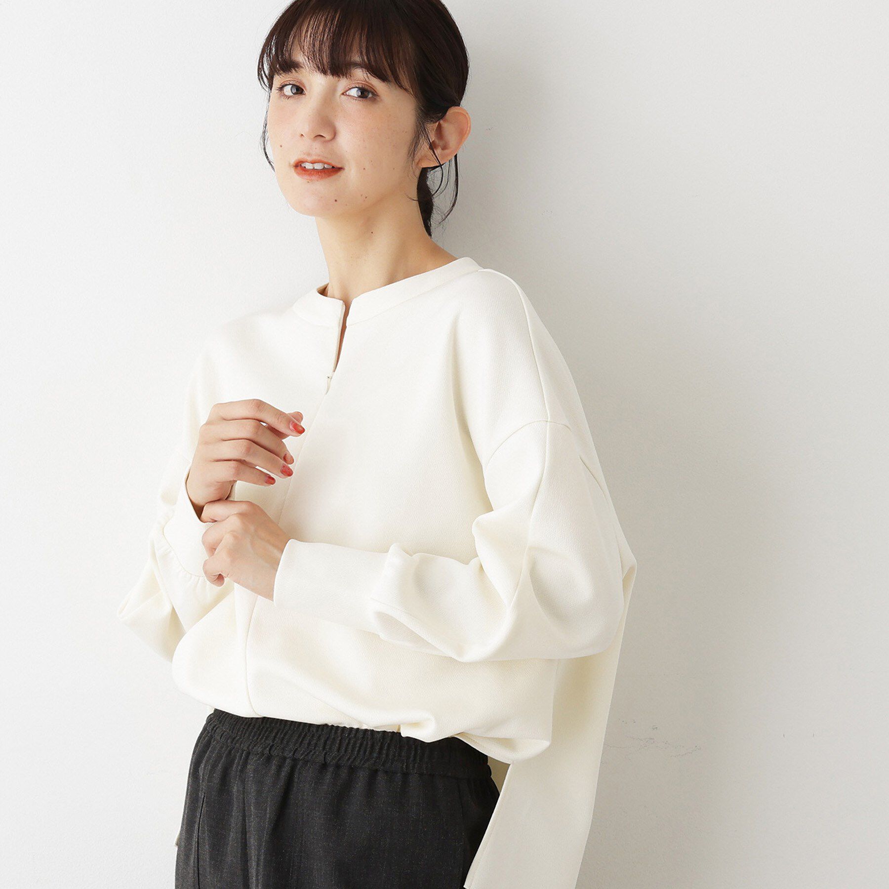 Dessin「【セットアップ可/洗える】ドライタッチジョーゼットジップブラウス」|シャツ・ブラウス|ホワイト(002)