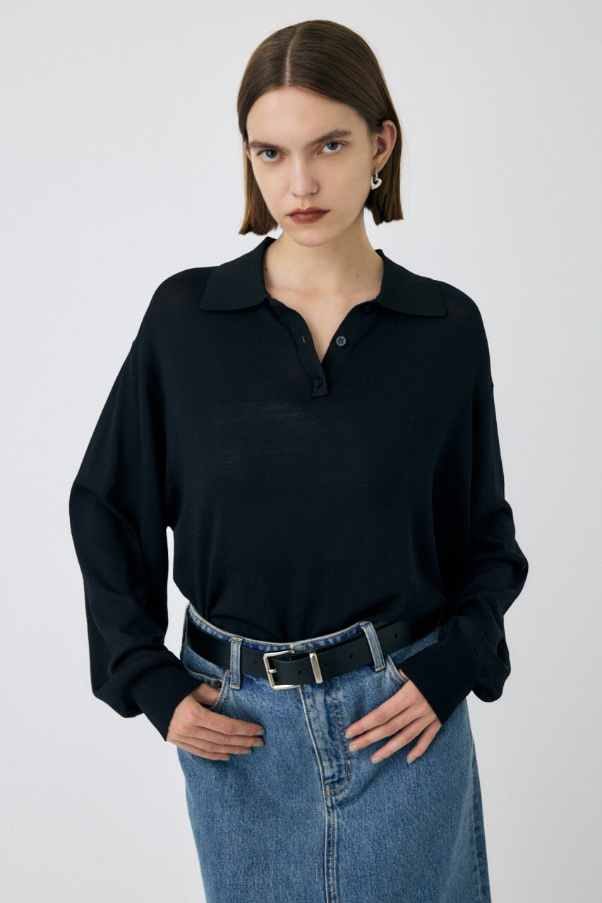 MOUSSY「BORDER KNIT ポロ」|ニット・セーター|BLK