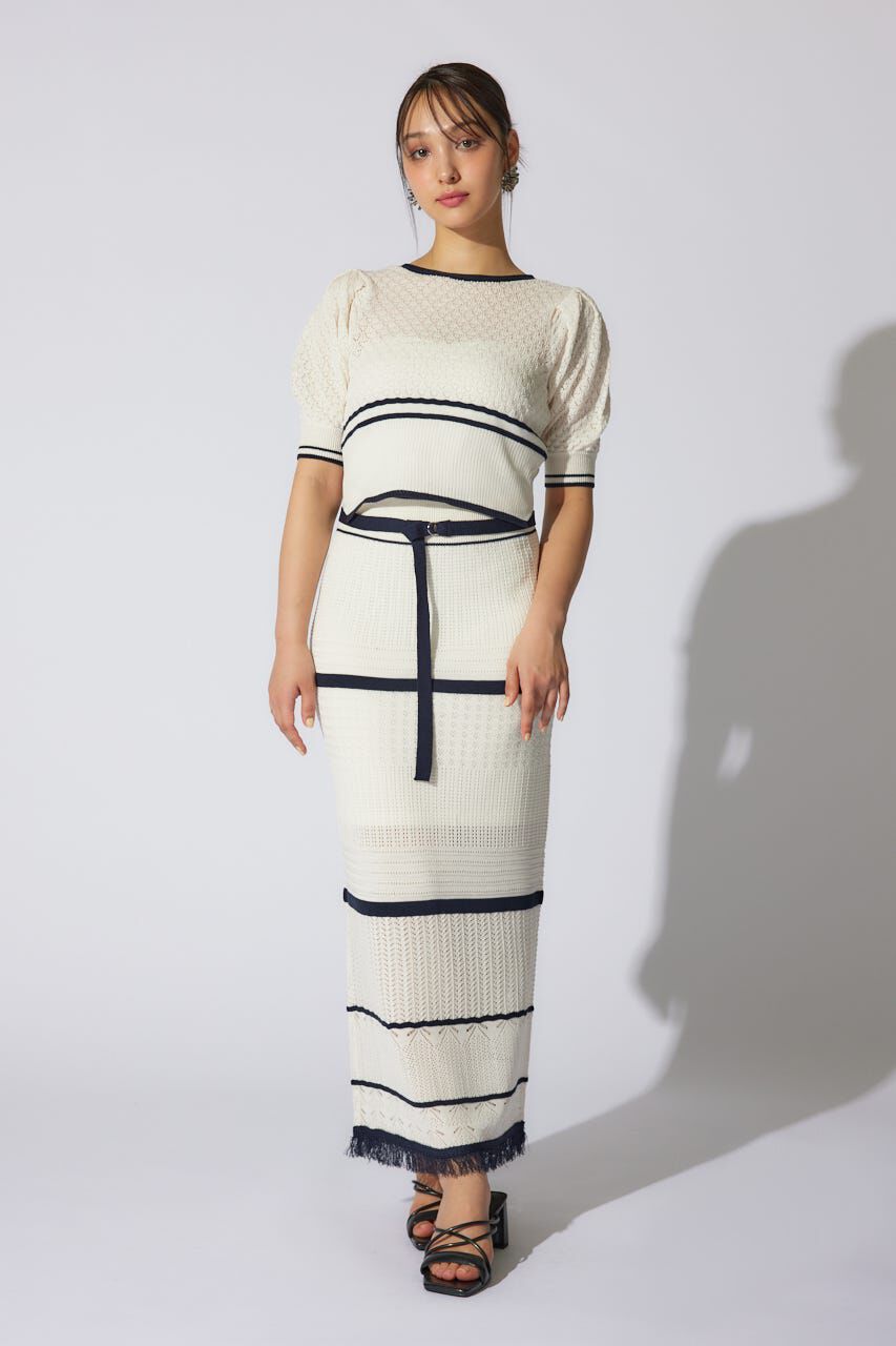 rienda「2WAYフリンジライン配色クロシェニットワンピース」|ワンピース|