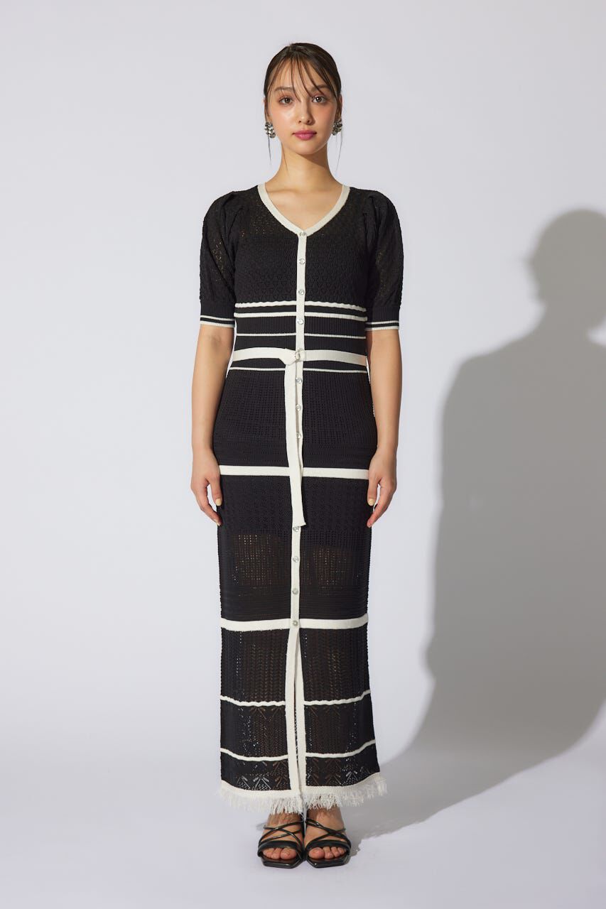 rienda「2WAYフリンジライン配色クロシェニットワンピース」|ワンピース|