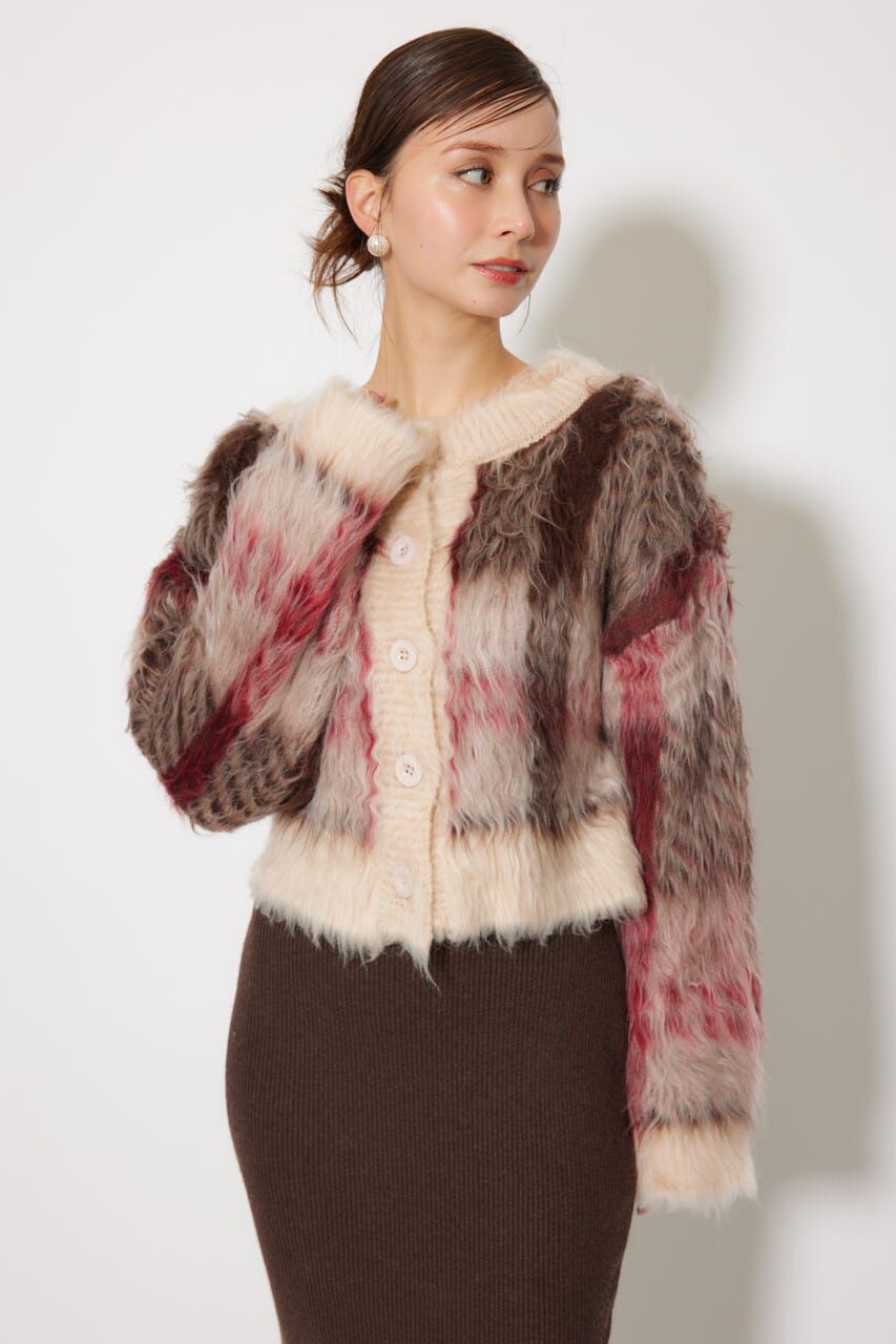 rienda「2WAYロングシャギーチェックショートニットカーディガン」|カーディガン|