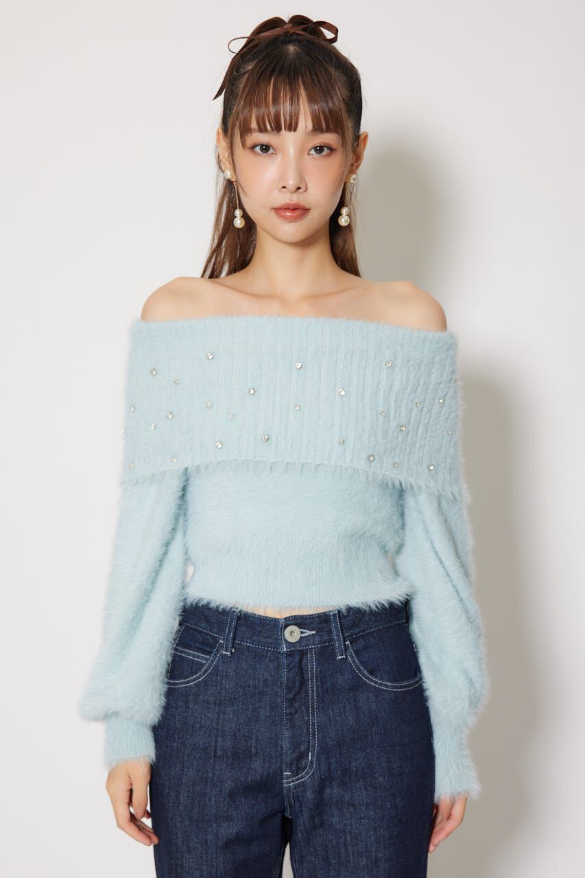 rienda「オフショルビジューシャギーニットトップス」|ニット・セーター|