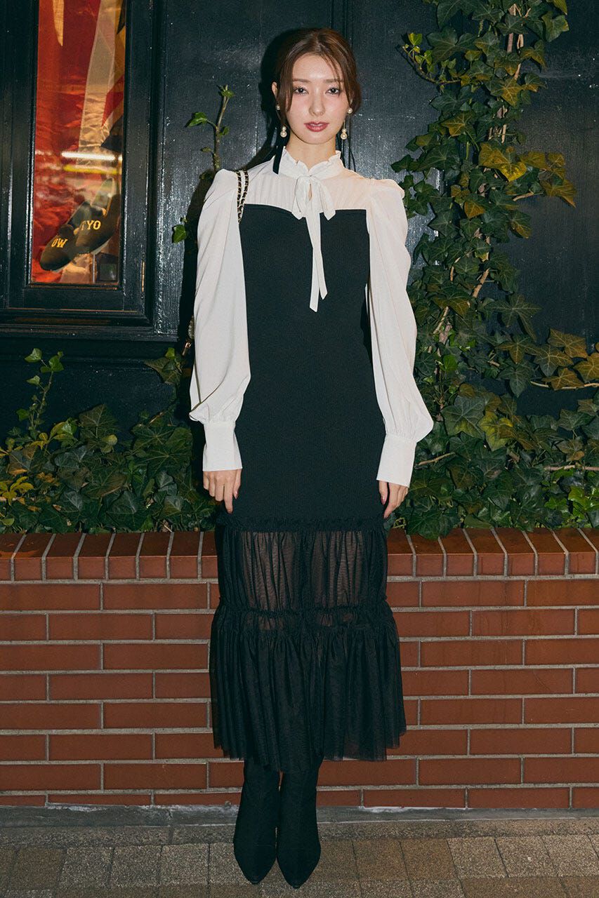 rienda「チュールドッキングニットマーメイドワンピース」|ワンピース|BLK