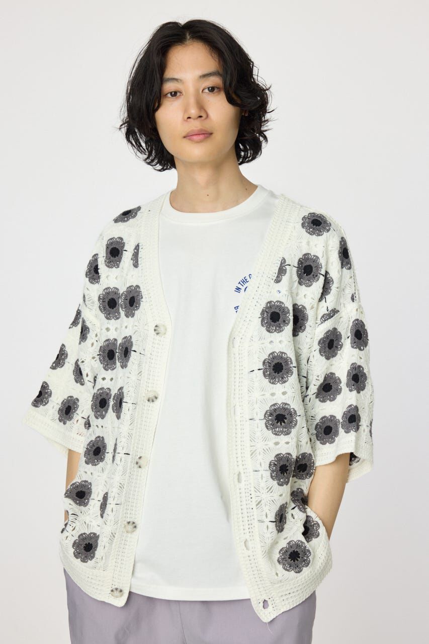 RODEO CROWNS「クロシェフラワー半袖ニットカーディガン」|カーディガン|O/WHT1