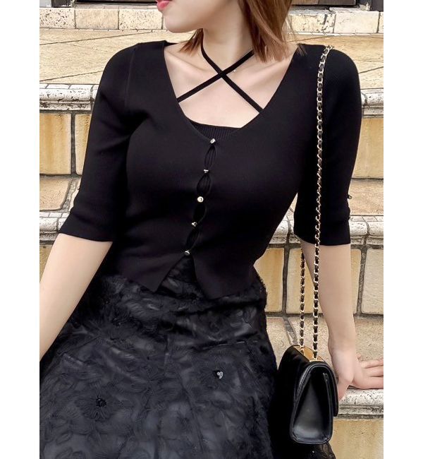 dazzlin「ハーフスリーブレイヤードカーデトップス」|ニット・セーター|ブラック