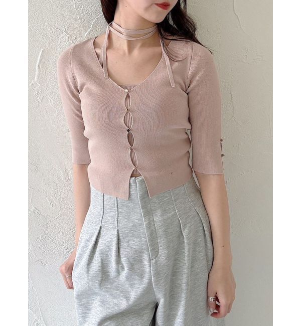 dazzlin「ハーフスリーブレイヤードカーデトップス」|ニット・セーター|ピンク