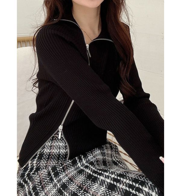 MERCURYDUO「【WEB限定カラーあり】ハイツイストアシメZIPニット」|ニット・セーター|