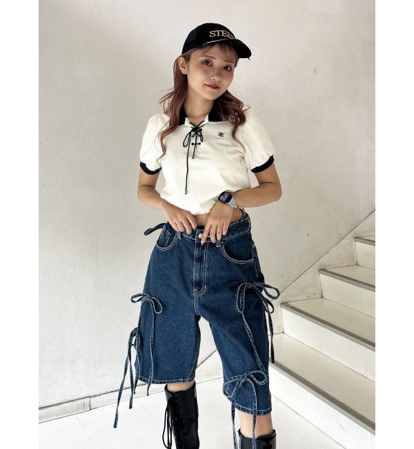 jouetie「ワイドリボンハーフパンツ」|デニム|