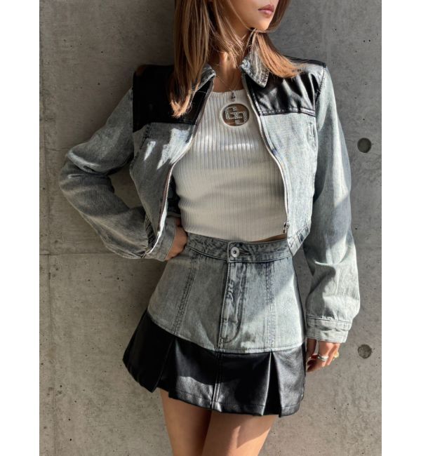 GYDA「【TINY】フェイクレザードッキングデニムZIPショートジャケット」|デニムジャケット|