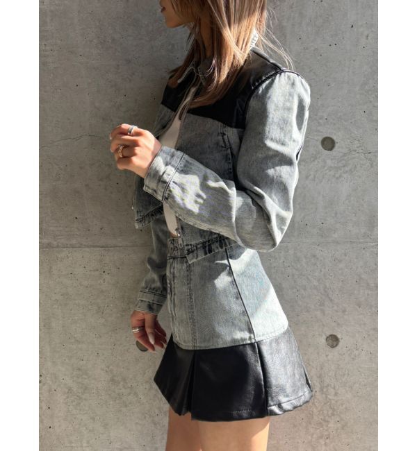 GYDA「【TINY】フェイクレザードッキングデニムZIPショートジャケット」|デニムジャケット|