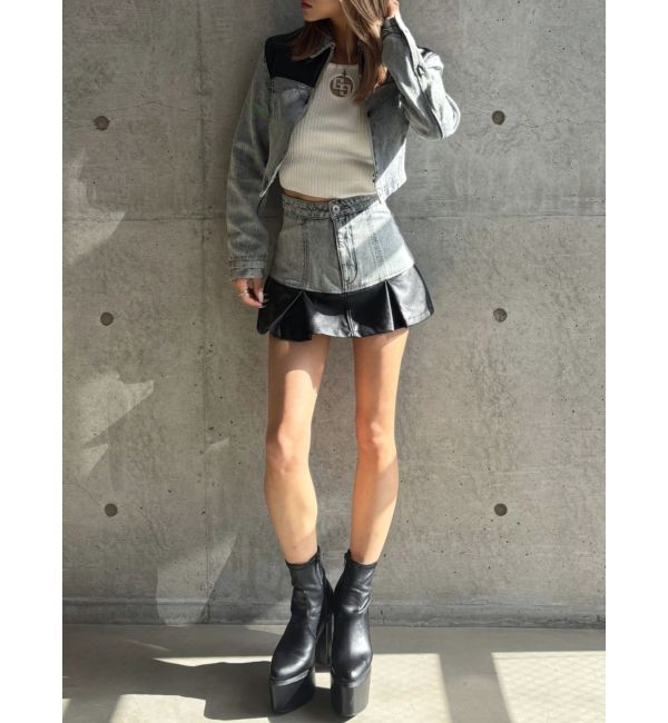 GYDA「【TINY】フェイクレザードッキングデニムZIPショートジャケット」|デニムジャケット|